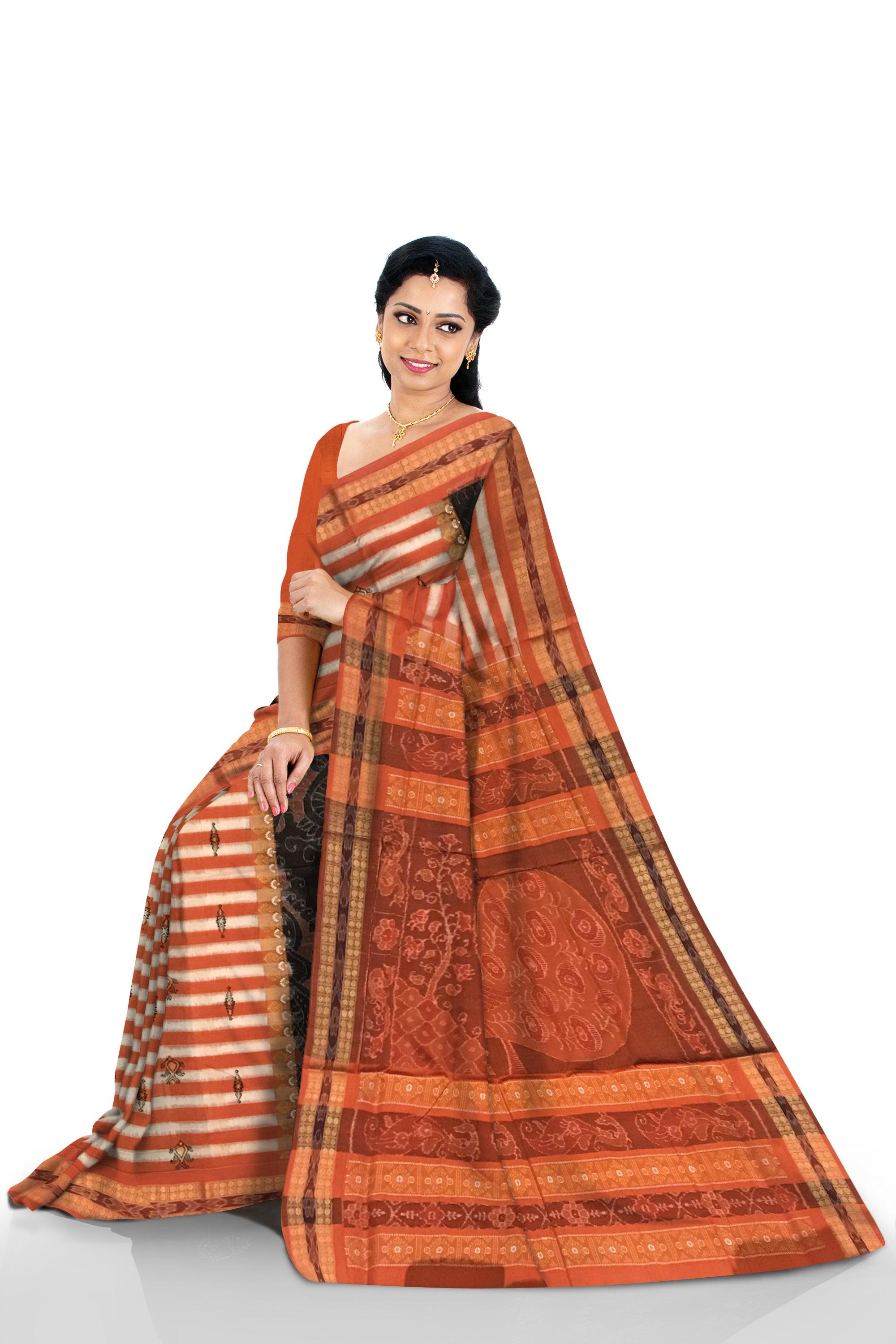 NEW ARRIVAL SAMBALPURI COTTON SAREE IS ORANGE AND BLACK COLOR BASE, COMES WITH MATCHING BLOUSE PIECE. - Koshali Arts & Crafts Enterprise