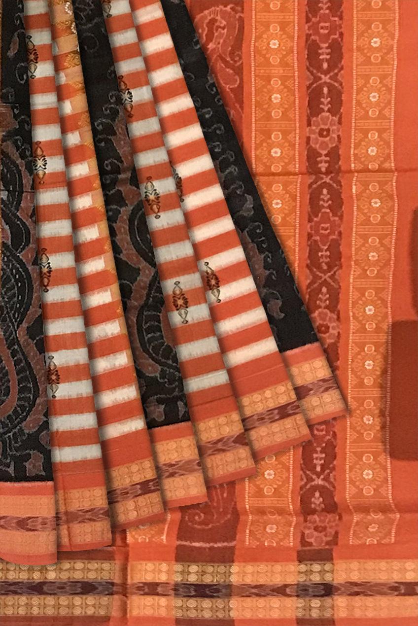 NEW ARRIVAL SAMBALPURI COTTON SAREE IS ORANGE AND BLACK COLOR BASE, COMES WITH MATCHING BLOUSE PIECE. - Koshali Arts & Crafts Enterprise