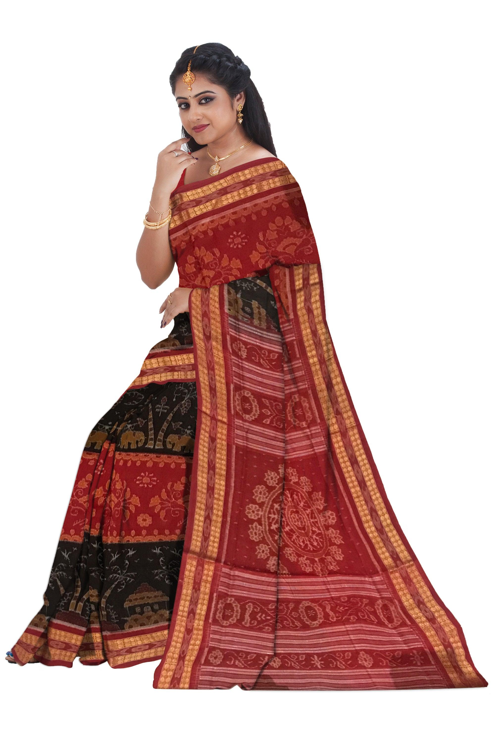 TRADITIONAL VILLAGE PATERN SAMBALPURI COTTON SAREE IS MAROON AND BLACK COLOR BASE, ATTACHED WITH BLOUSE PIECE. - Koshali Arts & Crafts Enterprise