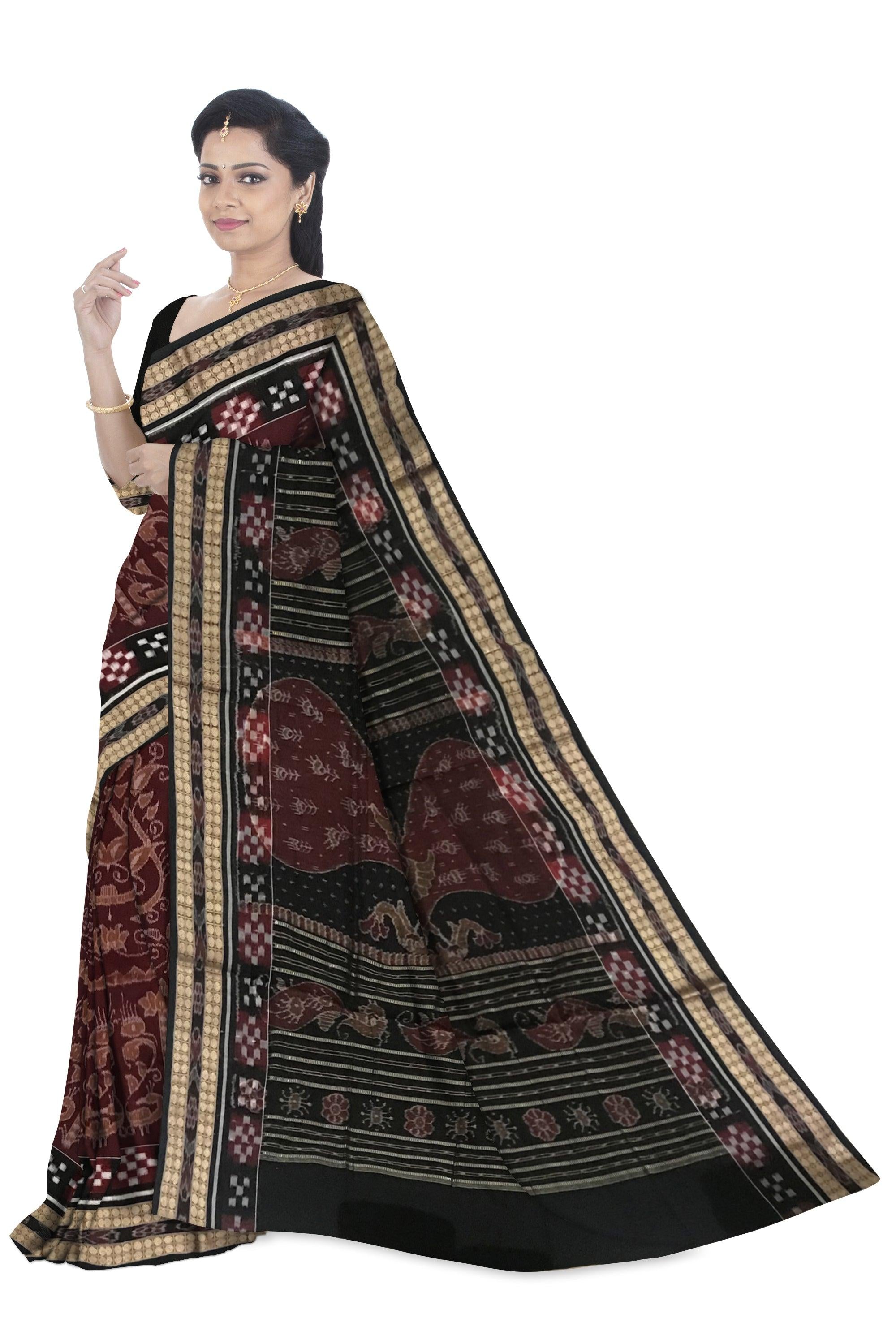COFFEE AND BLACK COLOR PEACOCK WITH FLOWER PATTERN SAMBALPURI COTTON SAREE , COMES WITH BLOUSE PIECE. - Koshali Arts & Crafts Enterprise