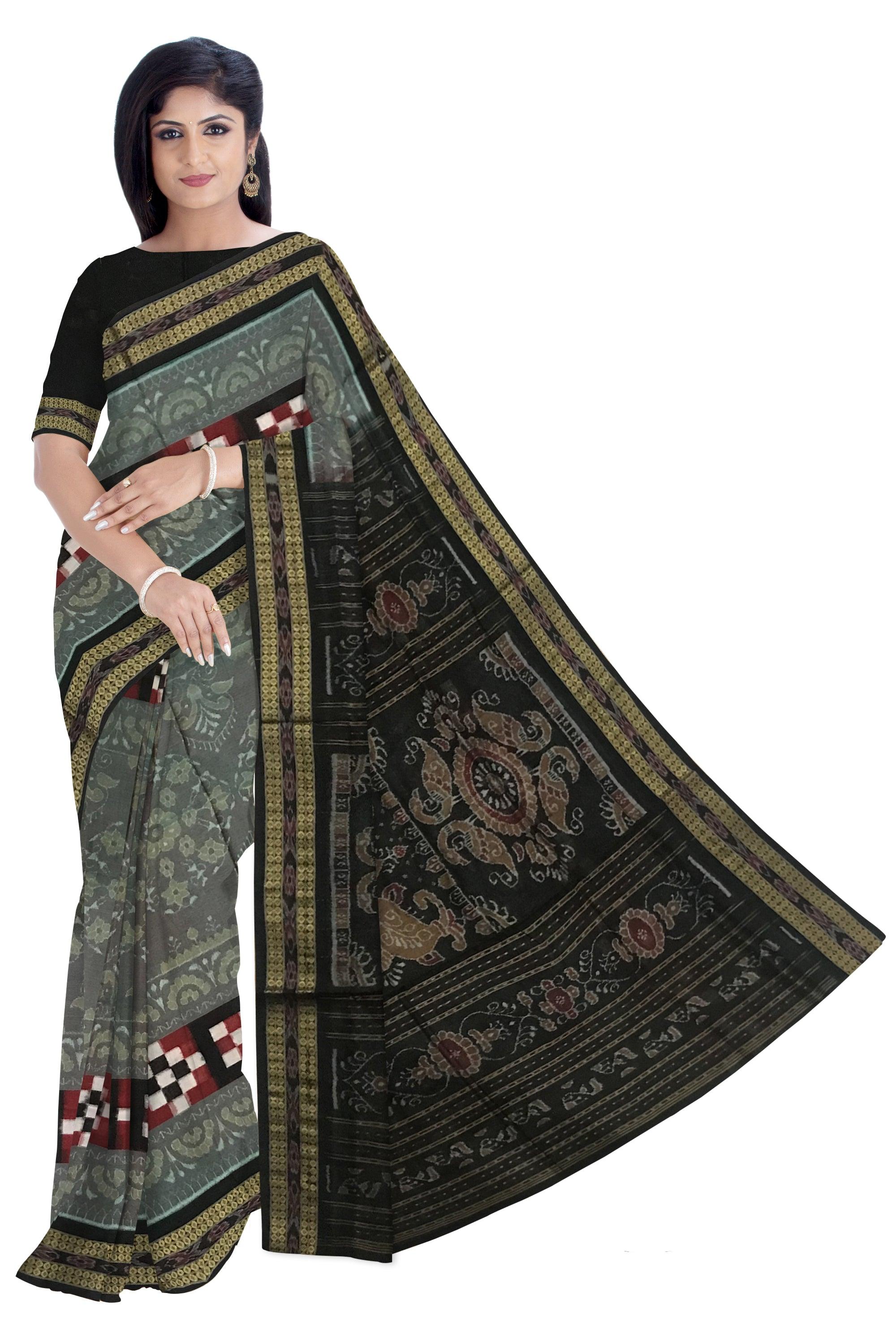 DARK SEAGREEN AND BLACK COLOR DHADI SAPTA COTTON SAREE, WITH MATCHING BLOUSE PIECE. - Koshali Arts & Crafts Enterprise