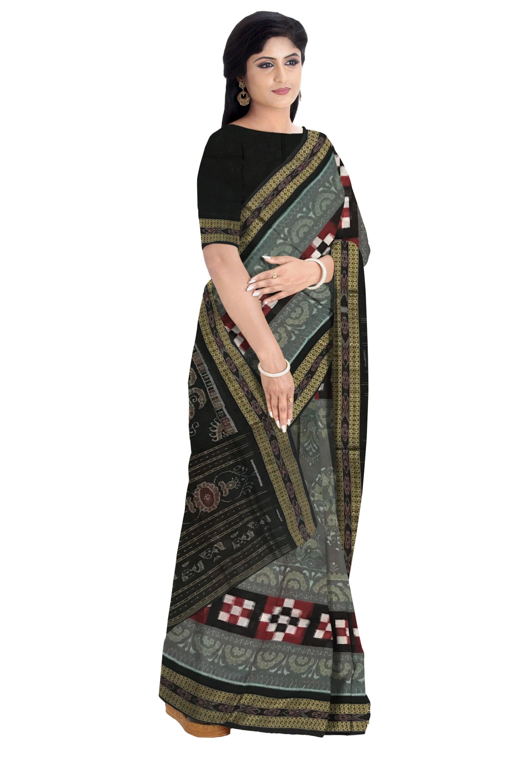 DARK SEAGREEN AND BLACK COLOR DHADI SAPTA COTTON SAREE, WITH MATCHING BLOUSE PIECE. - Koshali Arts & Crafts Enterprise