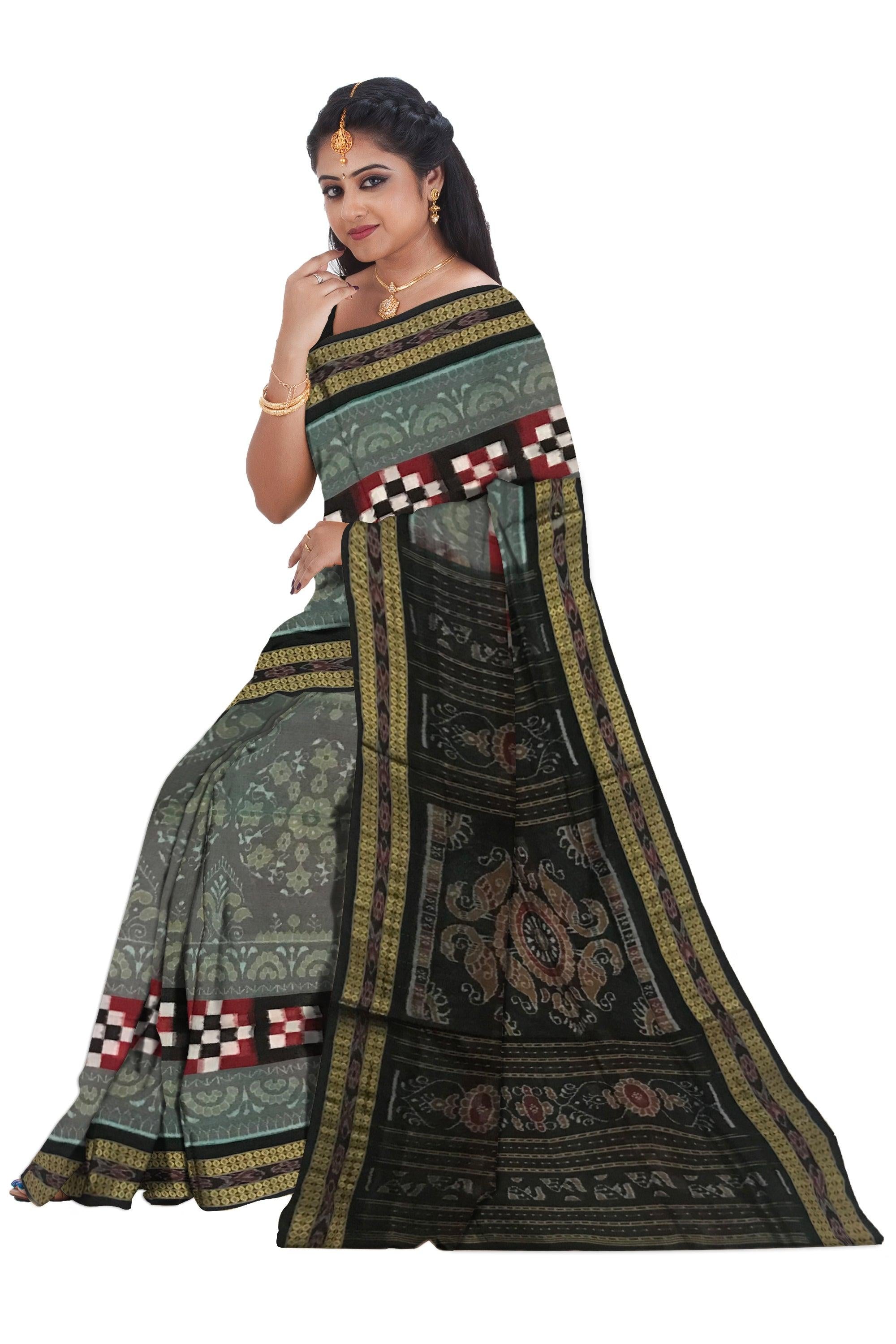 DARK SEAGREEN AND BLACK COLOR DHADI SAPTA COTTON SAREE, WITH MATCHING BLOUSE PIECE. - Koshali Arts & Crafts Enterprise
