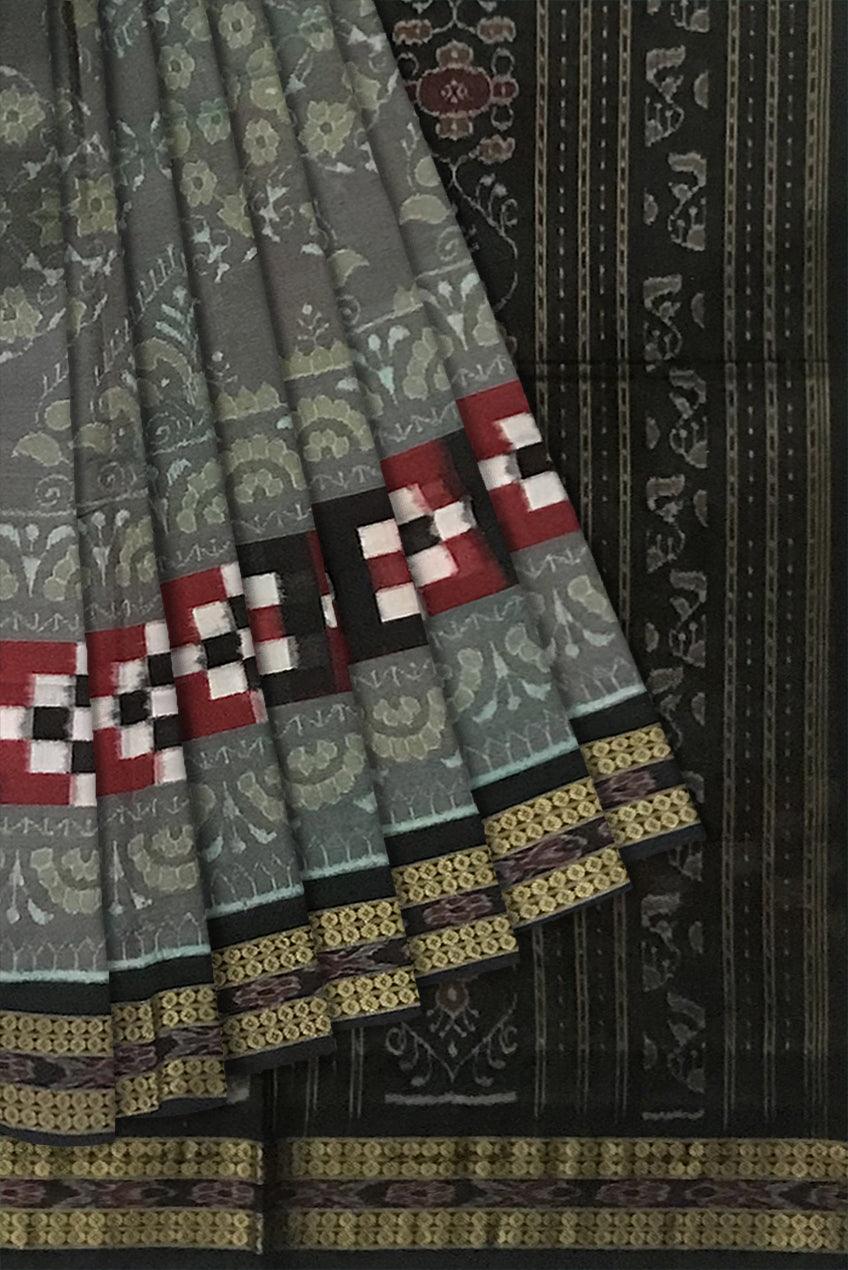 DARK SEAGREEN AND BLACK COLOR DHADI SAPTA COTTON SAREE, WITH MATCHING BLOUSE PIECE. - Koshali Arts & Crafts Enterprise