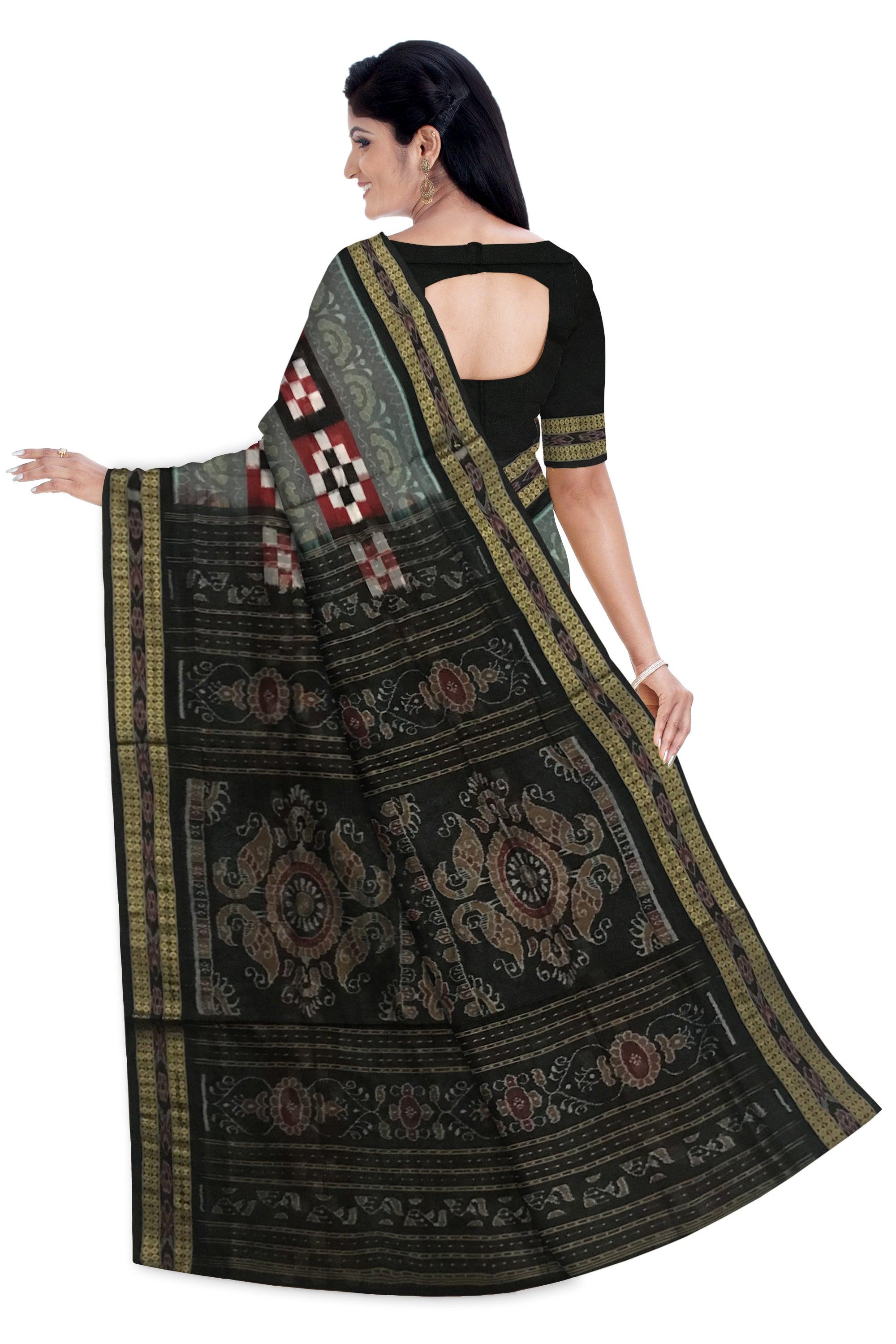 DARK SEAGREEN AND BLACK COLOR DHADI SAPTA COTTON SAREE, WITH MATCHING BLOUSE PIECE. - Koshali Arts & Crafts Enterprise