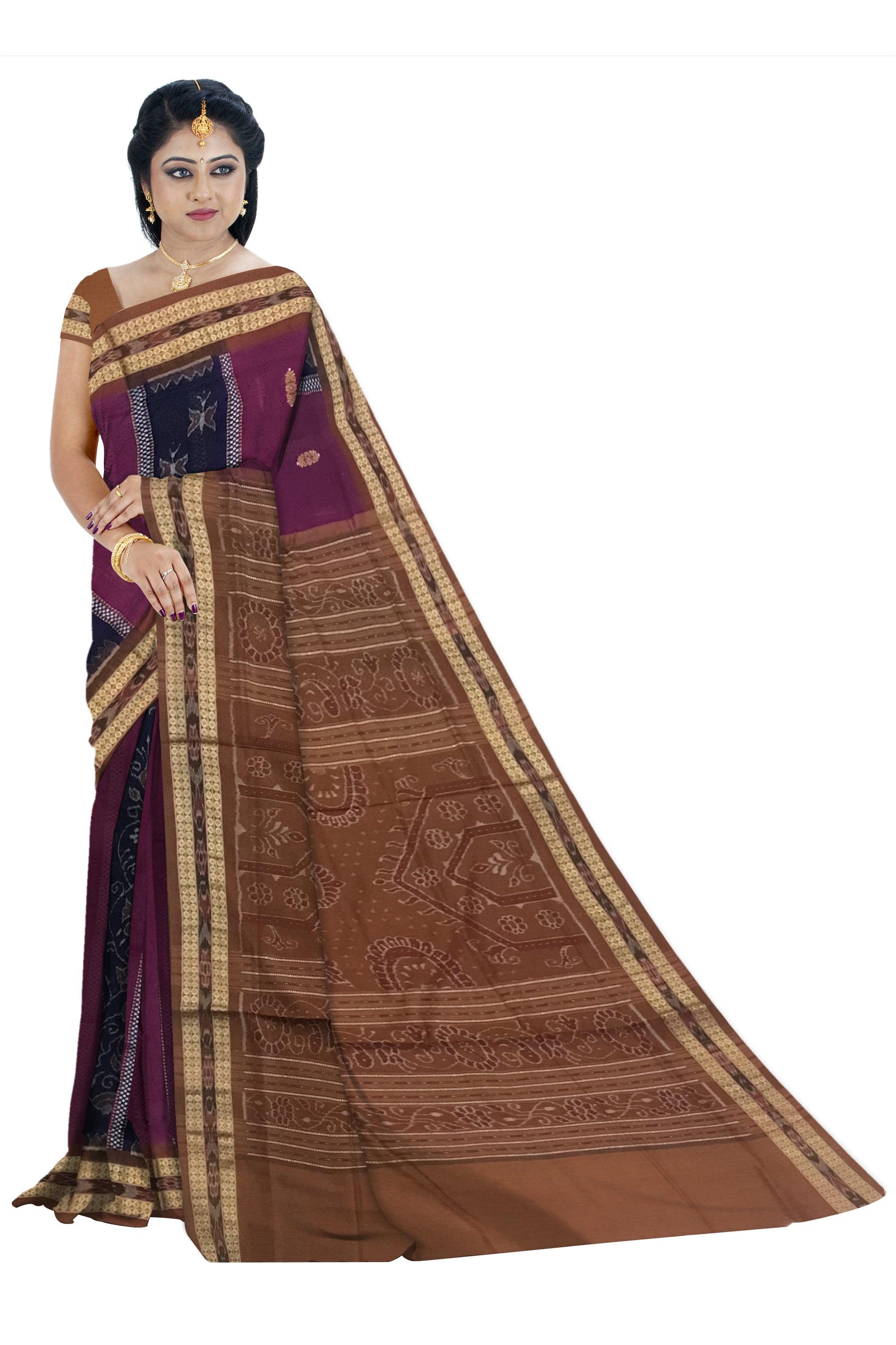 DARK VIOLET AND LIGHT SALMON COLOR SAMBALPURI COTTON SAREE, ATTACHED WITH BLOUSE PIECE. - Koshali Arts & Crafts Enterprise