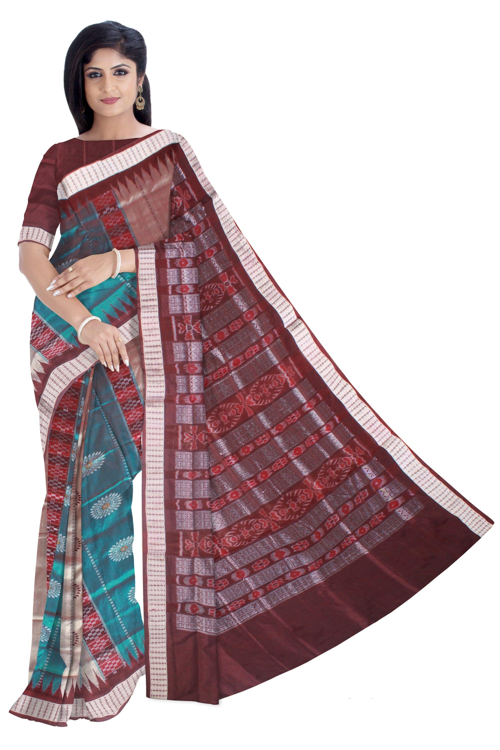 SILVER AND SEAGREEN COLOR BOMKEI CHANDUA PATA SAREE, ATTACHED WITH MATCHING BLOUSE PIECE. - Koshali Arts & Crafts Enterprise