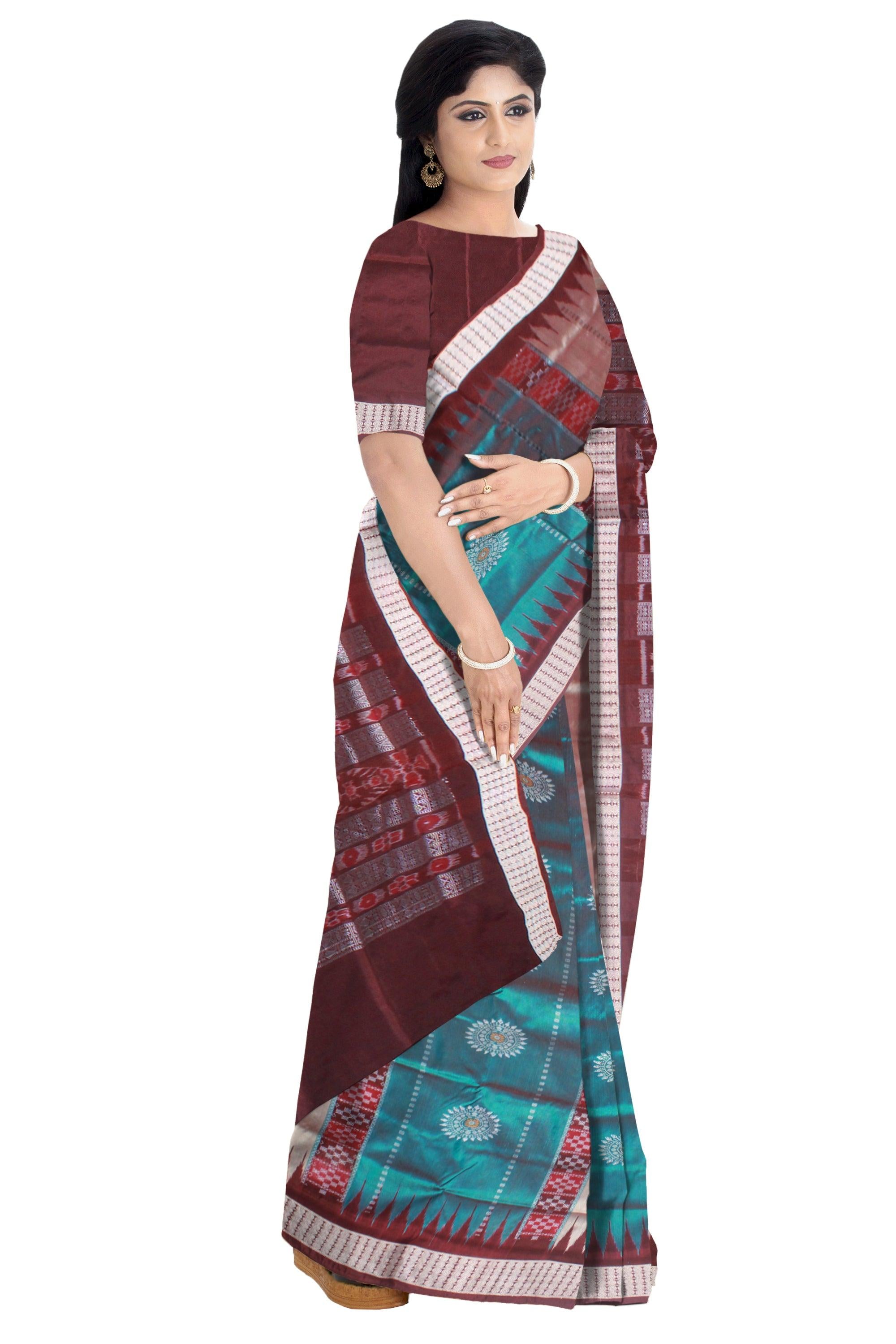 SILVER AND SEAGREEN COLOR BOMKEI CHANDUA PATA SAREE, ATTACHED WITH MATCHING BLOUSE PIECE. - Koshali Arts & Crafts Enterprise
