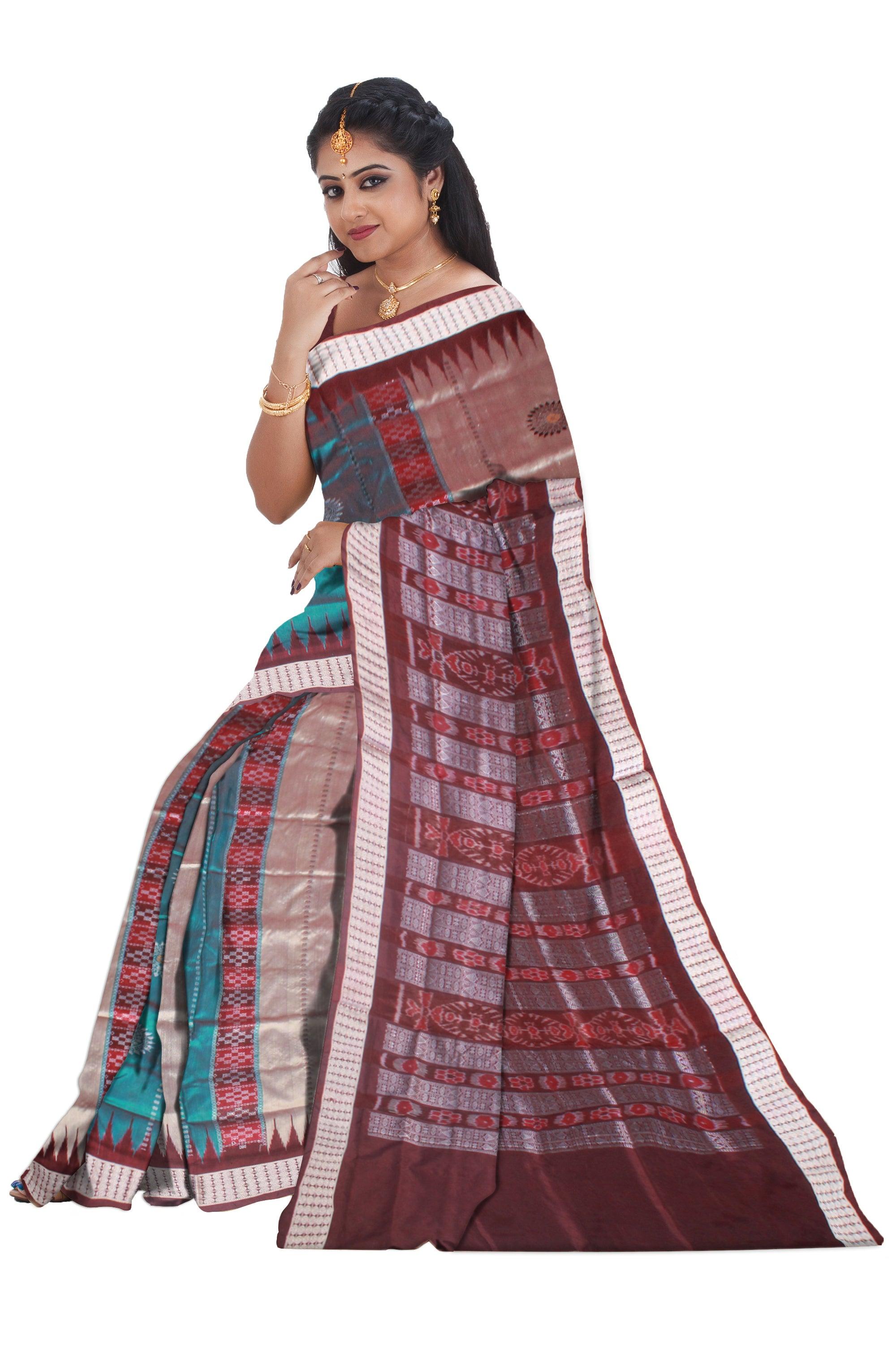 SILVER AND SEAGREEN COLOR BOMKEI CHANDUA PATA SAREE, ATTACHED WITH MATCHING BLOUSE PIECE. - Koshali Arts & Crafts Enterprise
