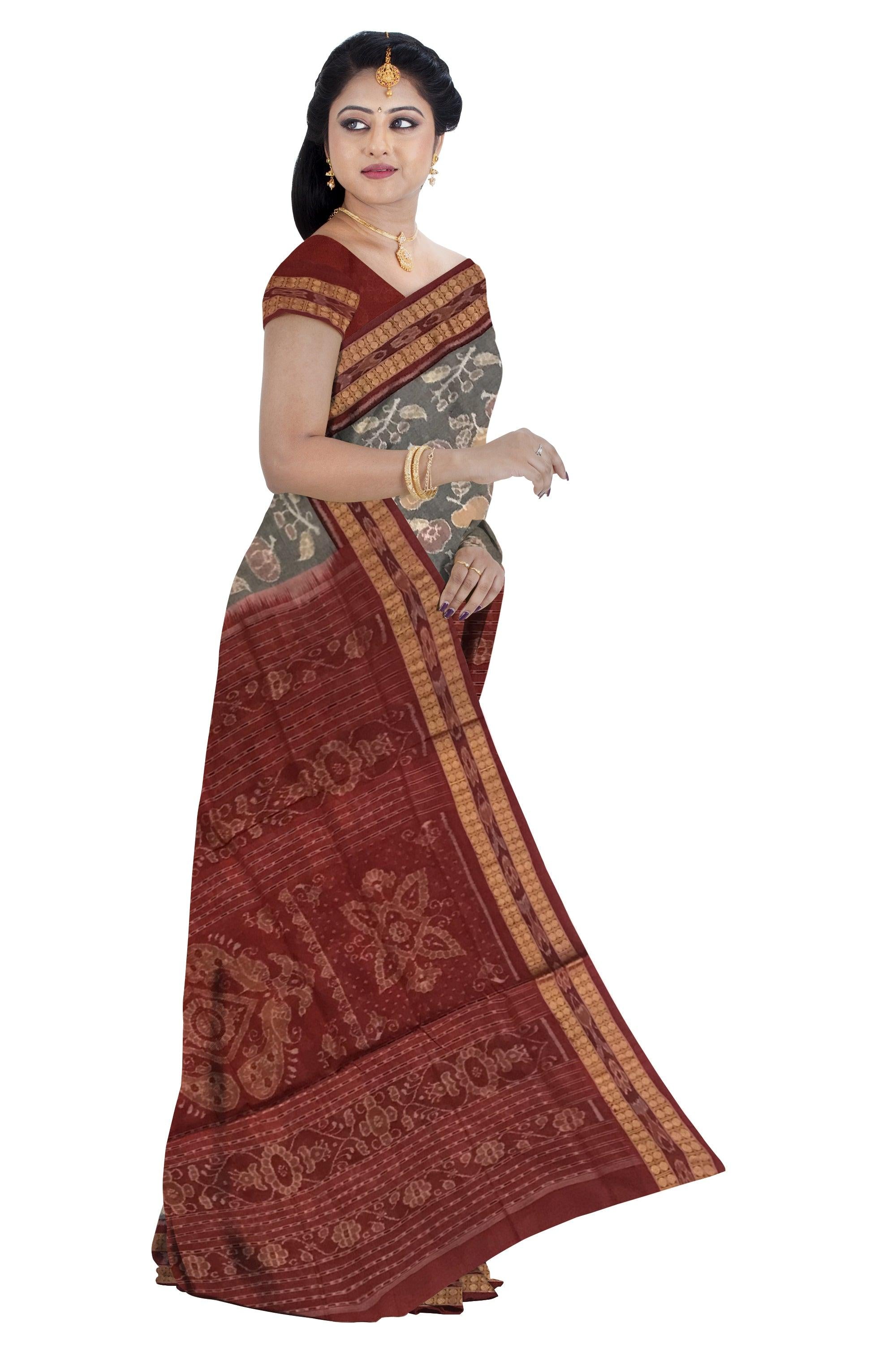 FULL BODY DIFFERENT FRUITS PATTERN SAMBALPURI COTTON SAREE IS PEACHPUFF AND MAROON COLOR BASE, ATTACHED WITH BLOUSE PIECE. - Koshali Arts & Crafts Enterprise