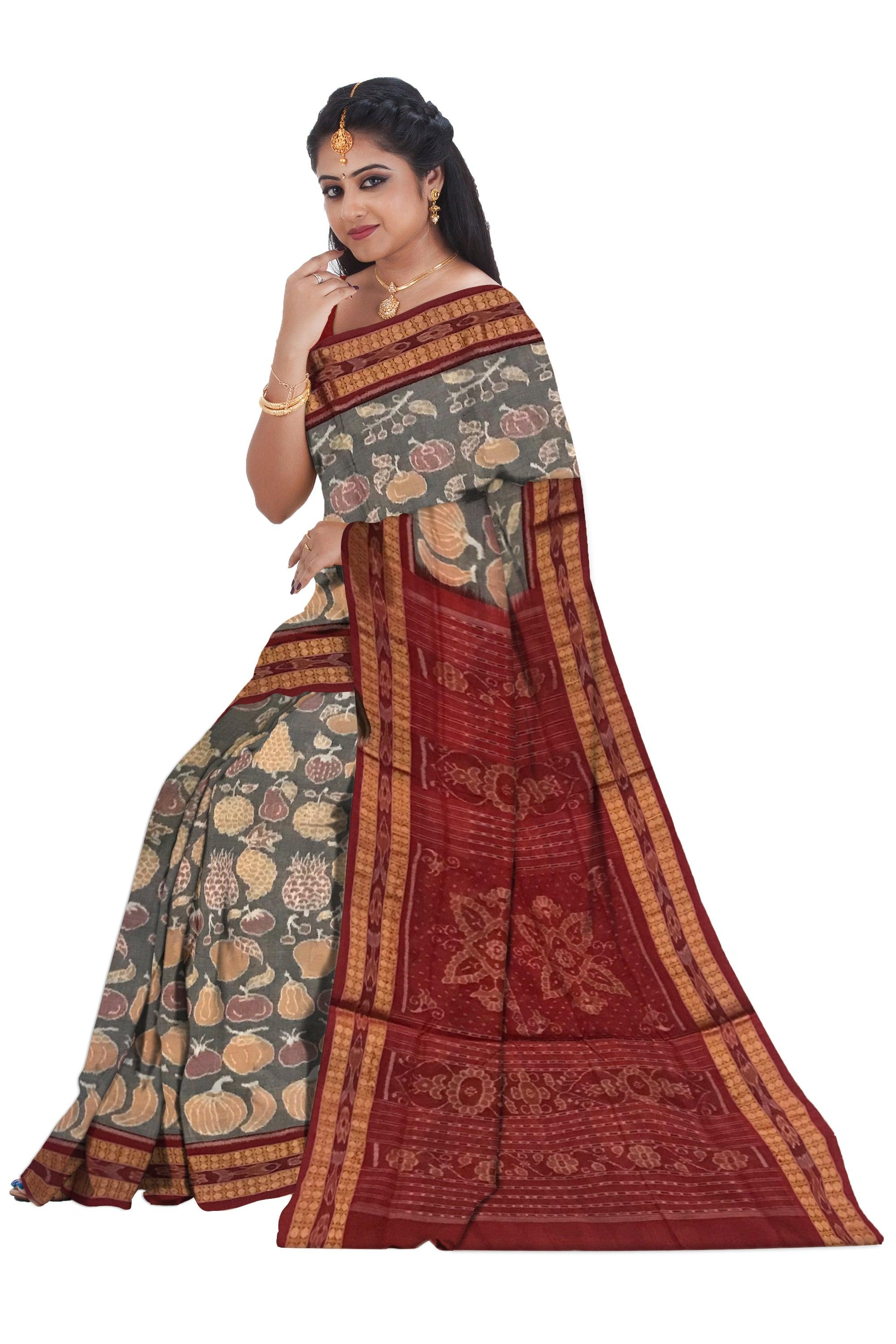 FULL BODY DIFFERENT FRUITS PATTERN SAMBALPURI COTTON SAREE IS PEACHPUFF AND MAROON COLOR BASE, ATTACHED WITH BLOUSE PIECE. - Koshali Arts & Crafts Enterprise
