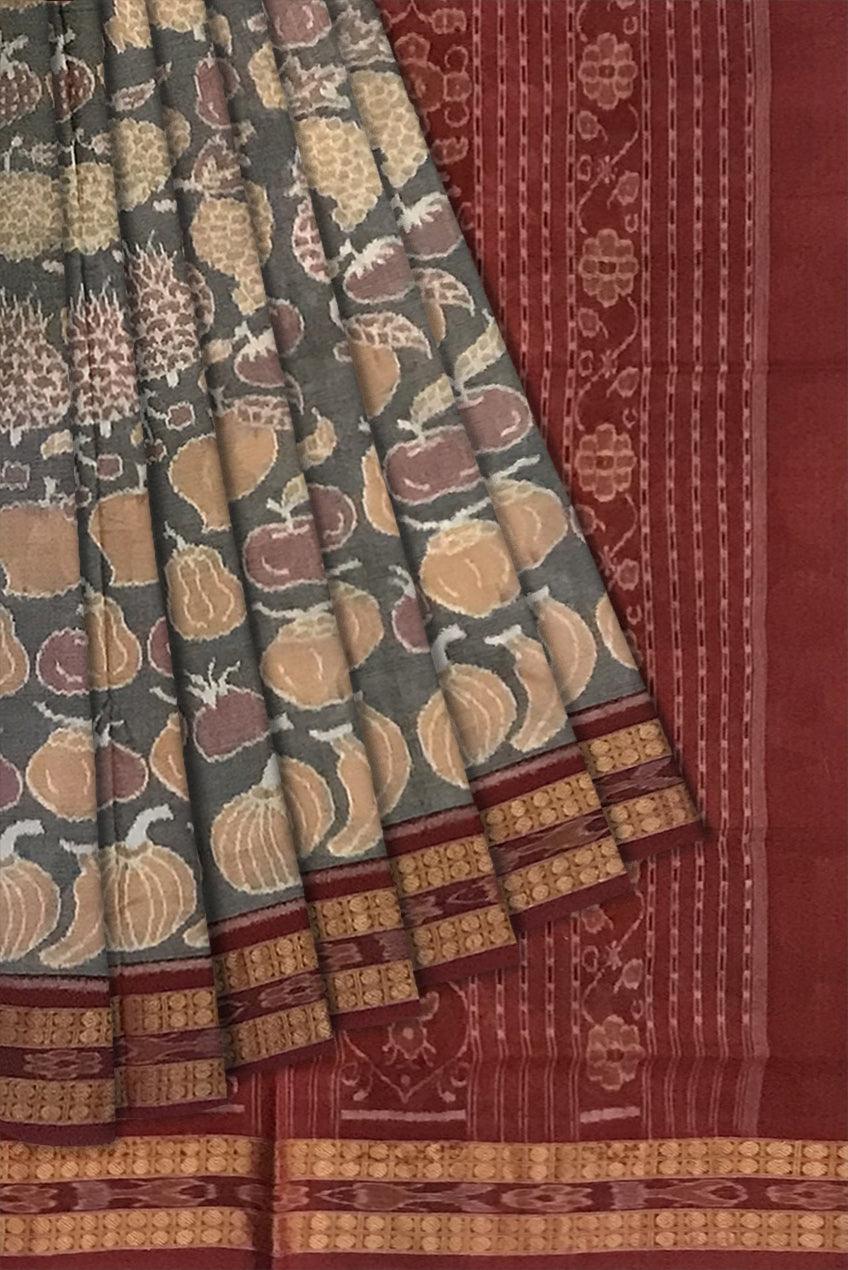 FULL BODY DIFFERENT FRUITS PATTERN SAMBALPURI COTTON SAREE IS PEACHPUFF AND MAROON COLOR BASE, ATTACHED WITH BLOUSE PIECE. - Koshali Arts & Crafts Enterprise