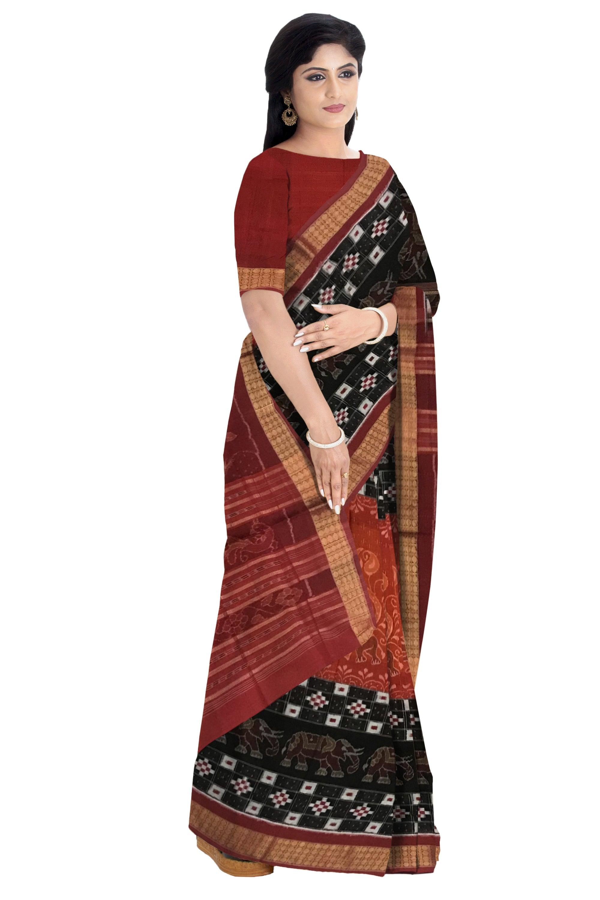 TRADITIONAL ELEPHANT PATTERN SAMBALPURI COTTON SAREE IS DEEP ORANGE AND BLACK COLOR BASE, WITH BLOUSE PIECE. - Koshali Arts & Crafts Enterprise