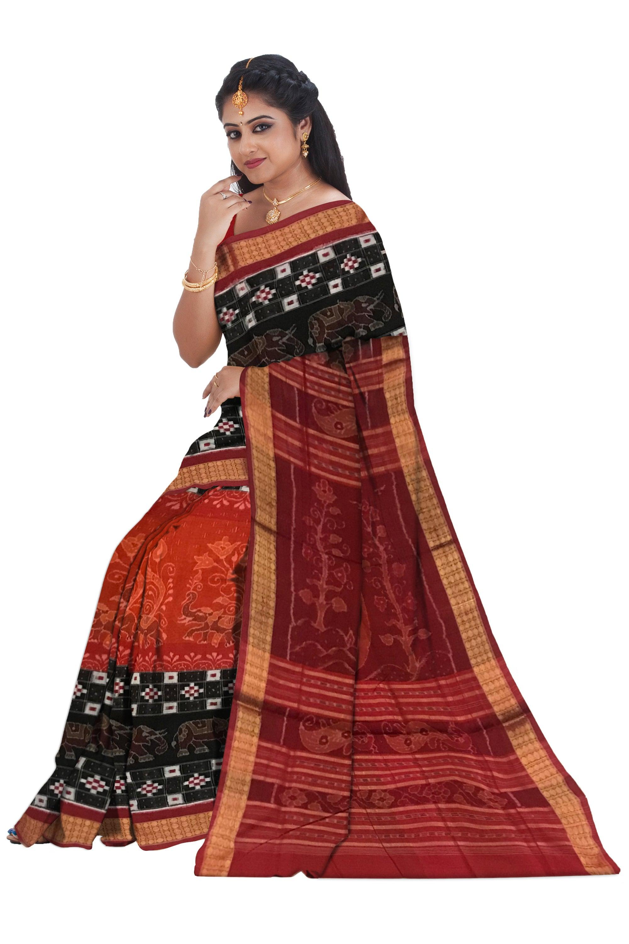 TRADITIONAL ELEPHANT PATTERN SAMBALPURI COTTON SAREE IS DEEP ORANGE AND BLACK COLOR BASE, WITH BLOUSE PIECE. - Koshali Arts & Crafts Enterprise