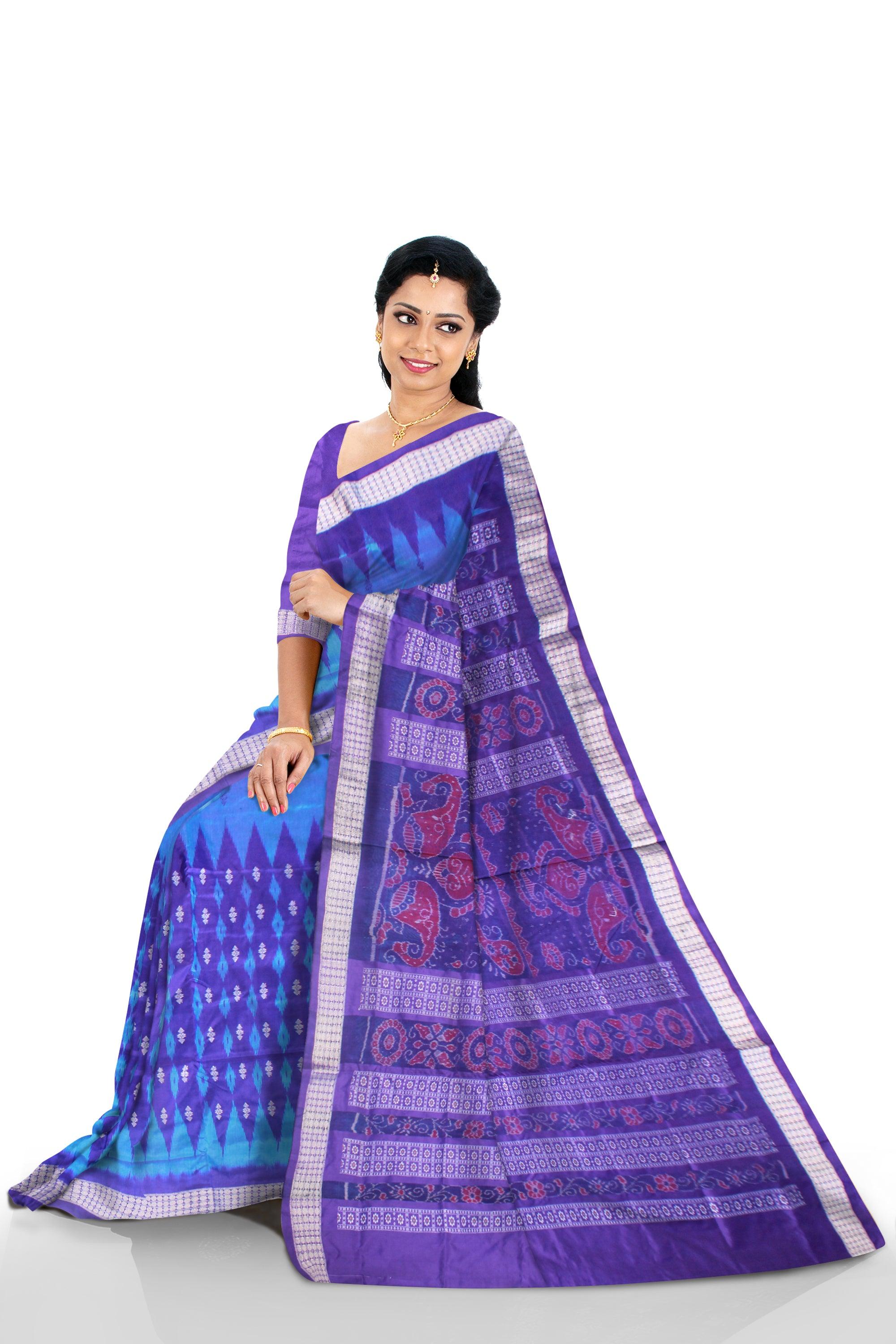 KUMBHA PATTERN PATA SAREE IS SKY AND LIGHT SKY COLOR BASE,COMES WITH MATCHING BLOUSE PIECE. - Koshali Arts & Crafts Enterprise