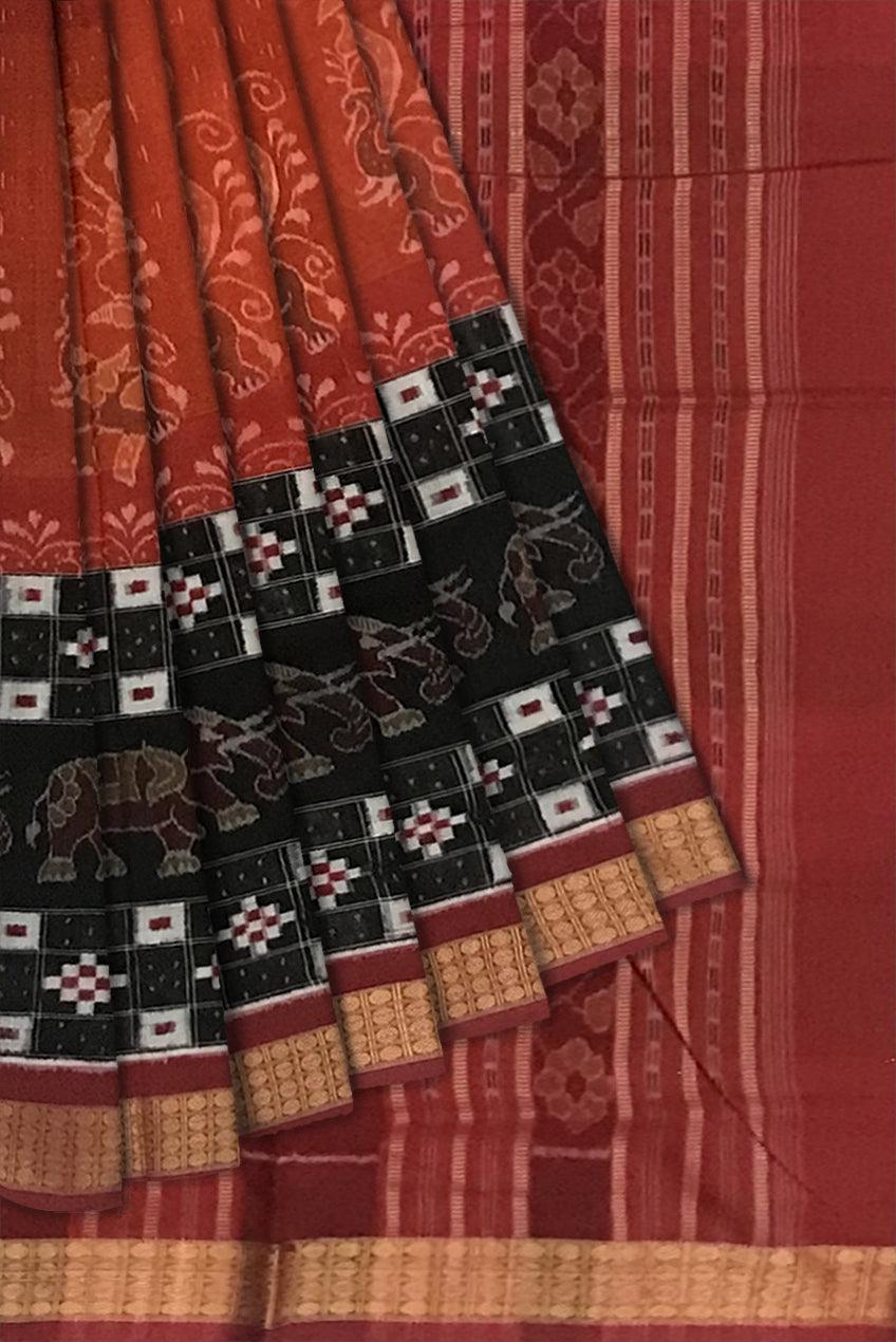 TRADITIONAL ELEPHANT PATTERN SAMBALPURI COTTON SAREE IS DEEP ORANGE AND BLACK COLOR BASE, WITH BLOUSE PIECE. - Koshali Arts & Crafts Enterprise