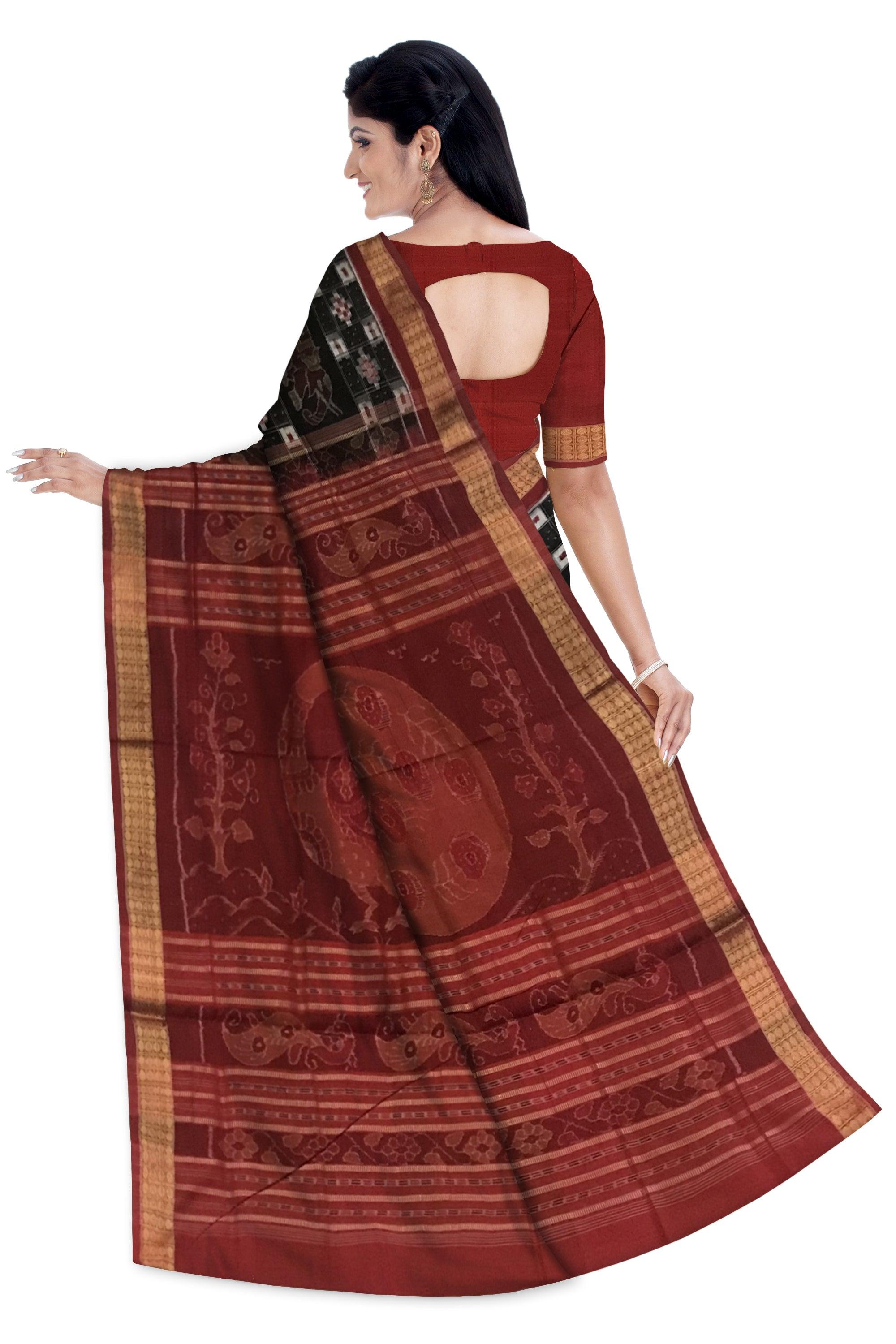 TRADITIONAL ELEPHANT PATTERN SAMBALPURI COTTON SAREE IS DEEP ORANGE AND BLACK COLOR BASE, WITH BLOUSE PIECE. - Koshali Arts & Crafts Enterprise