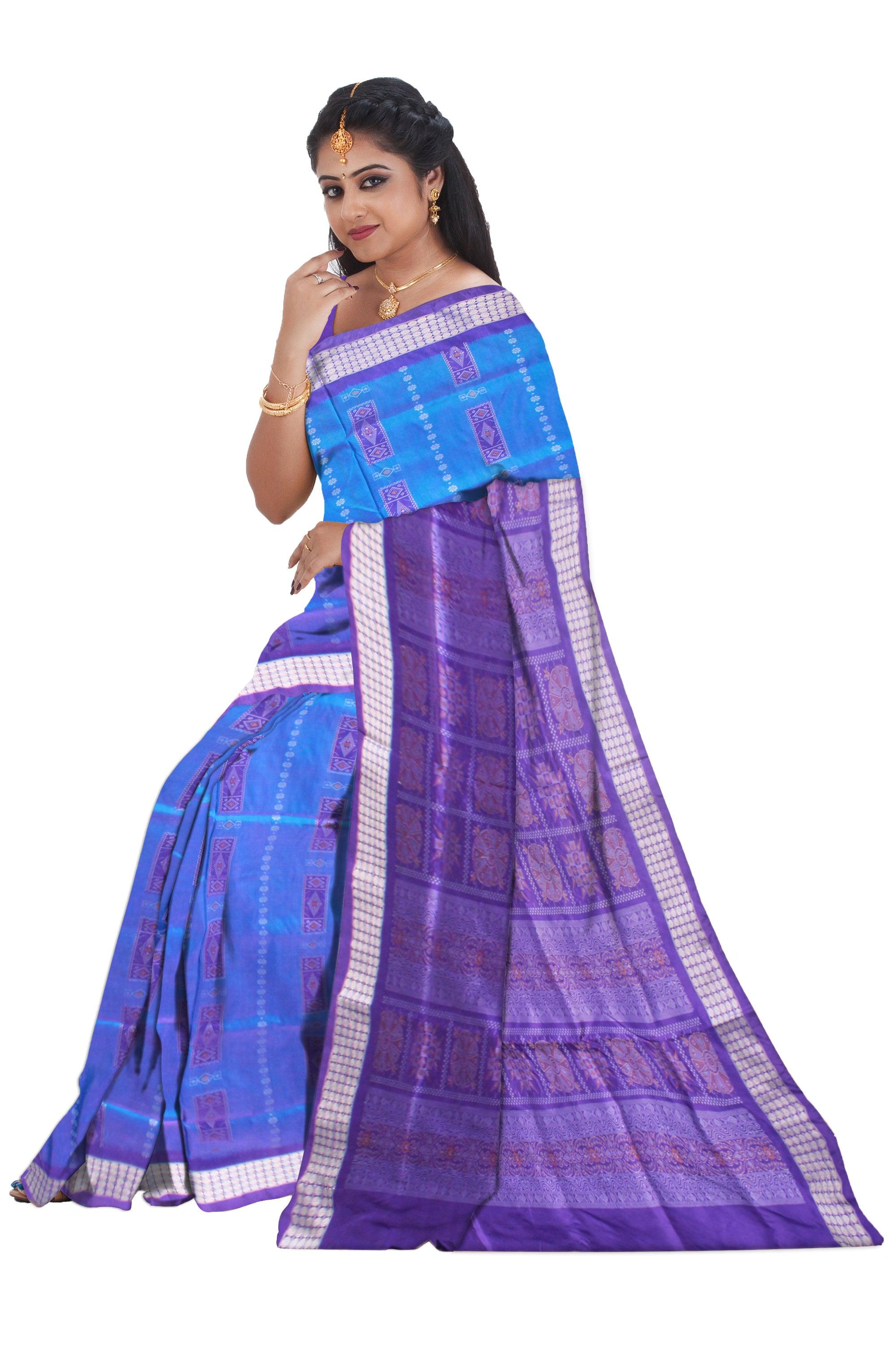 SKY AND PURPLE COLOR BOX PATTERN SILK SAREE, ATTACHED WITH BLOUSE PIECE. - Koshali Arts & Crafts Enterprise