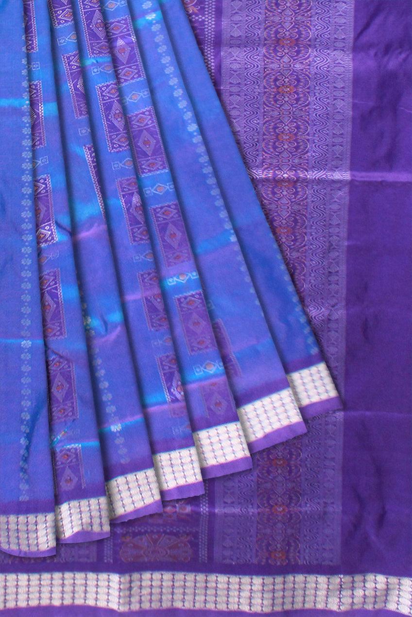 SKY AND PURPLE COLOR BOX PATTERN SILK SAREE, ATTACHED WITH BLOUSE PIECE. - Koshali Arts & Crafts Enterprise