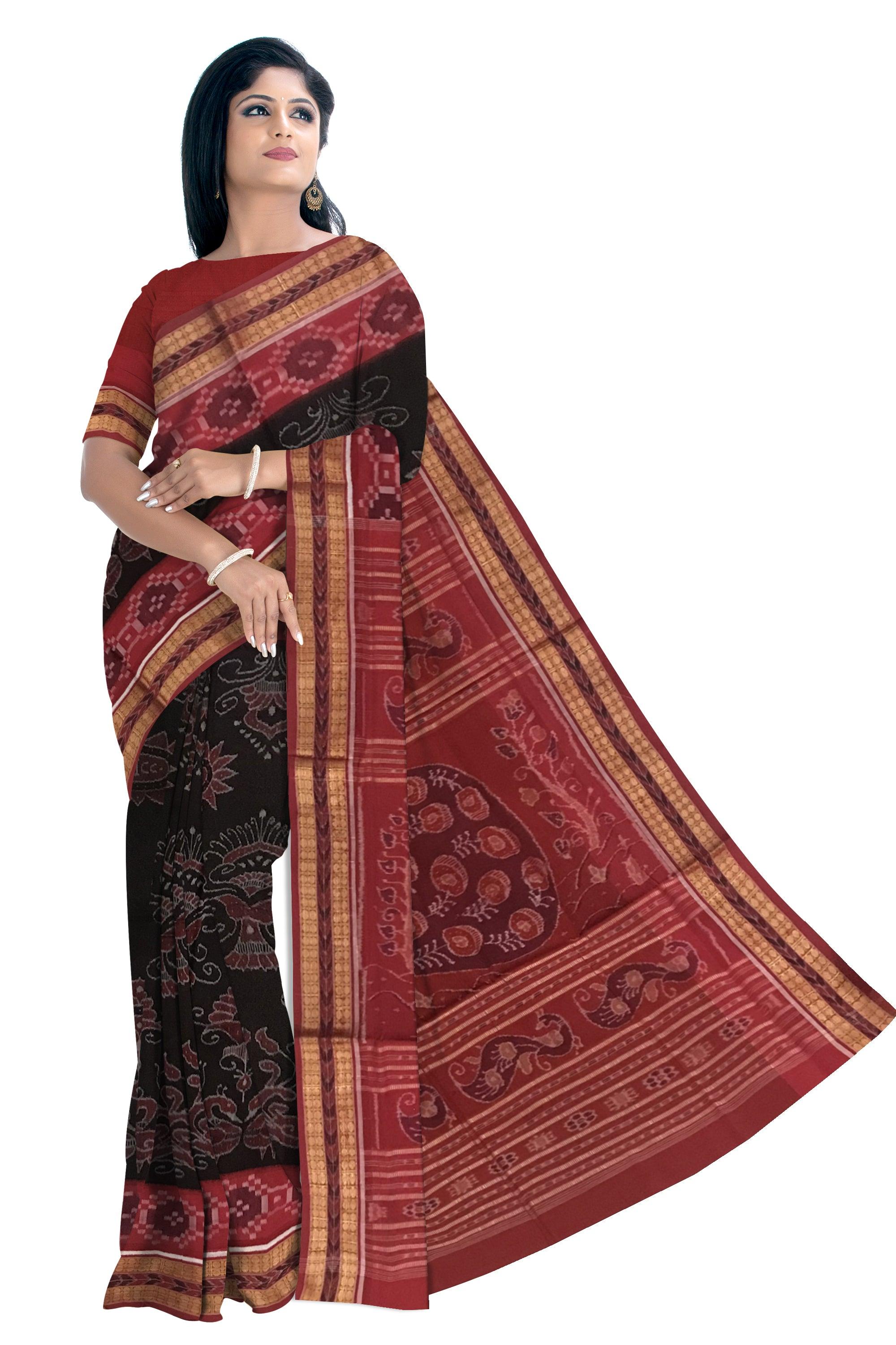 TRADITIONAL PEACOCK PATTERN SAMBALPURI COTTON SAREE IS BLACK AND MAROON COLOR BASE, WITH BLOUS EPIECE. - Koshali Arts & Crafts Enterprise