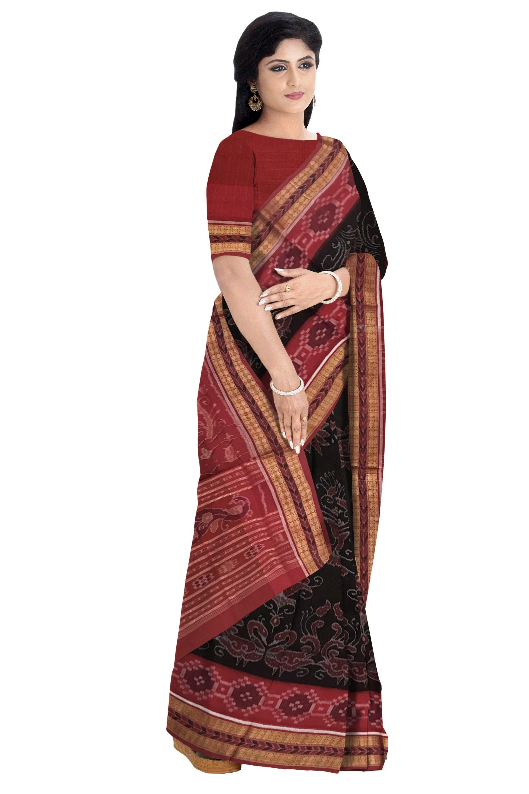 TRADITIONAL PEACOCK PATTERN SAMBALPURI COTTON SAREE IS BLACK AND MAROON COLOR BASE, WITH BLOUS EPIECE. - Koshali Arts & Crafts Enterprise