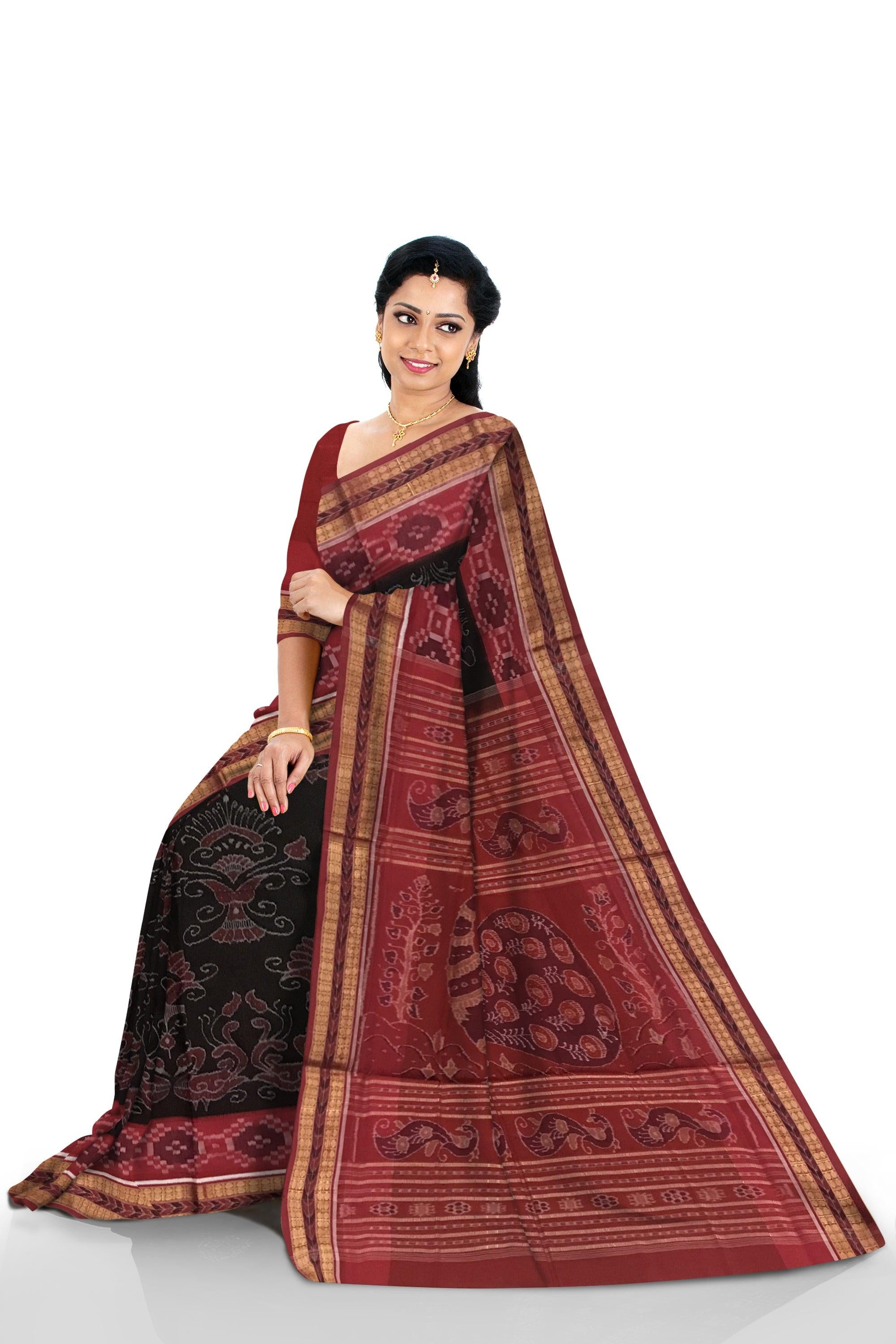 TRADITIONAL PEACOCK PATTERN SAMBALPURI COTTON SAREE IS BLACK AND MAROON COLOR BASE, WITH BLOUS EPIECE. - Koshali Arts & Crafts Enterprise