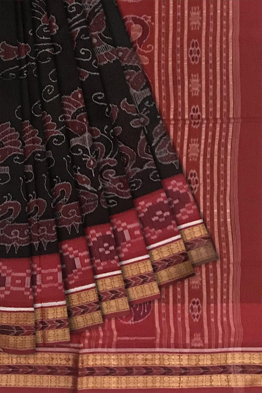 TRADITIONAL PEACOCK PATTERN SAMBALPURI COTTON SAREE IS BLACK AND MAROON COLOR BASE, WITH BLOUS EPIECE. - Koshali Arts & Crafts Enterprise