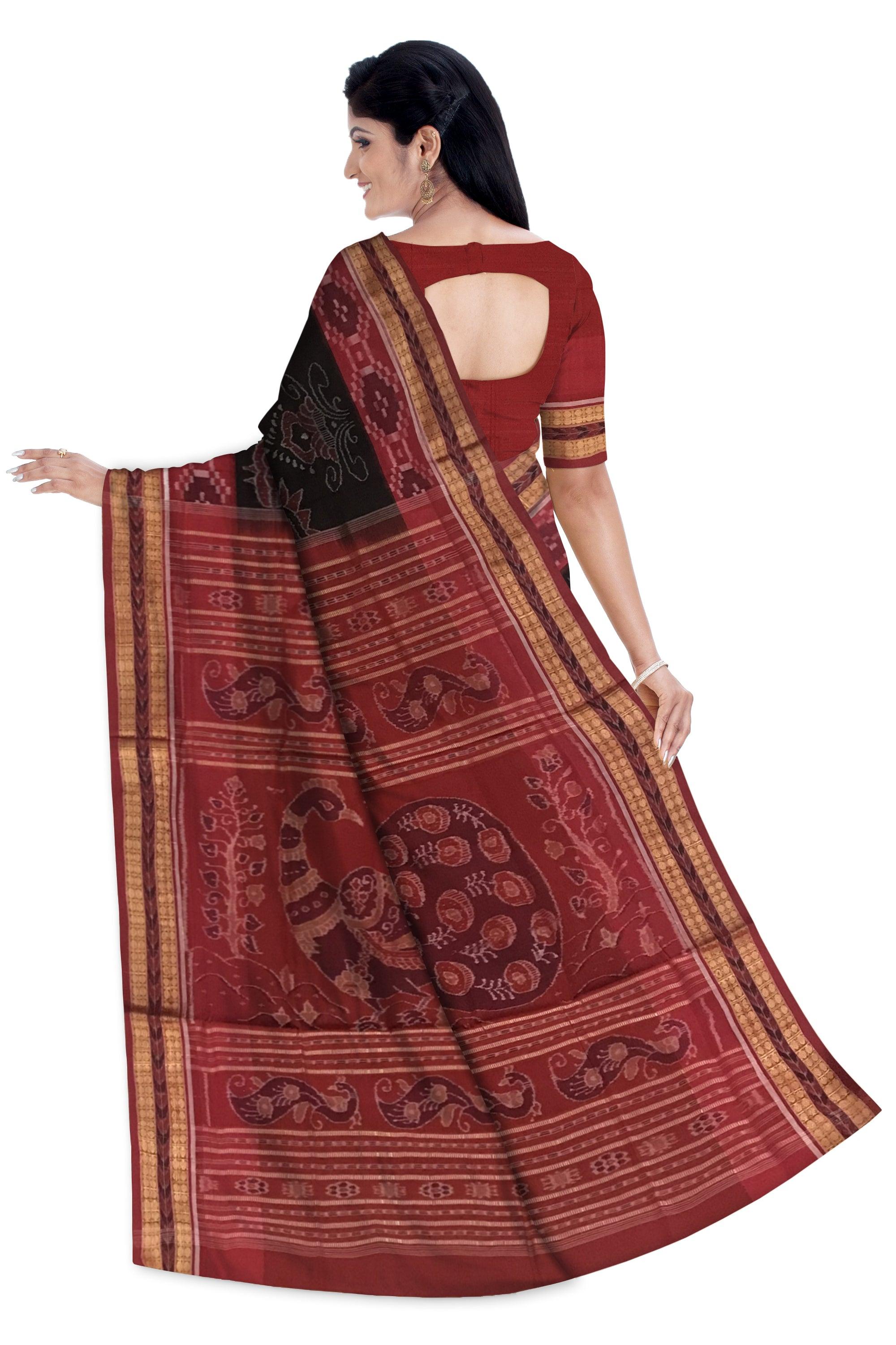 TRADITIONAL PEACOCK PATTERN SAMBALPURI COTTON SAREE IS BLACK AND MAROON COLOR BASE, WITH BLOUS EPIECE. - Koshali Arts & Crafts Enterprise
