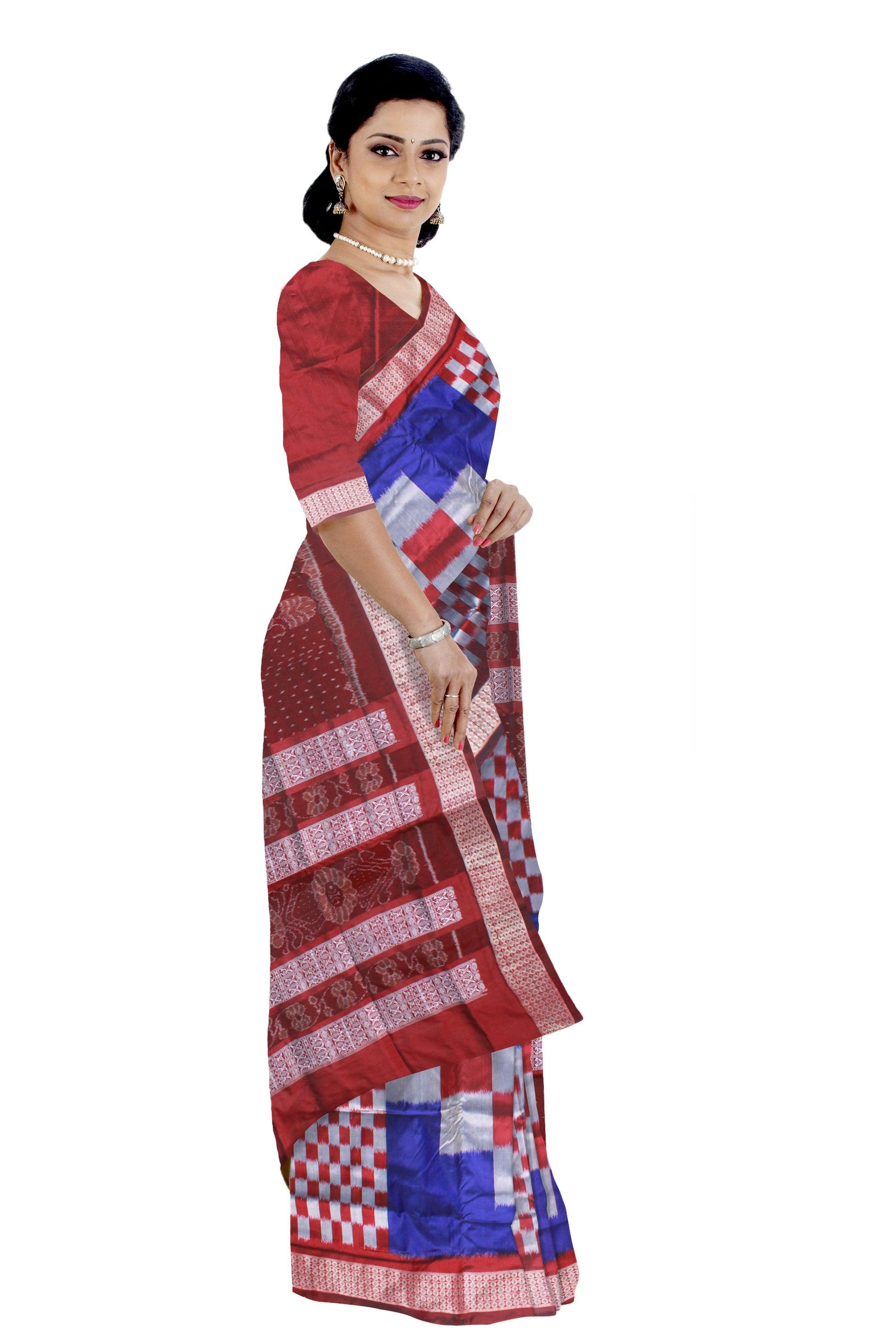 FULL BODY BIG PASAPALI PATTERN PATA SAREE IS PURPLE,SILVER AND MAROON COLOR BASE. ATTACHED WITH BLOUSE PIECE. - Koshali Arts & Crafts Enterprise