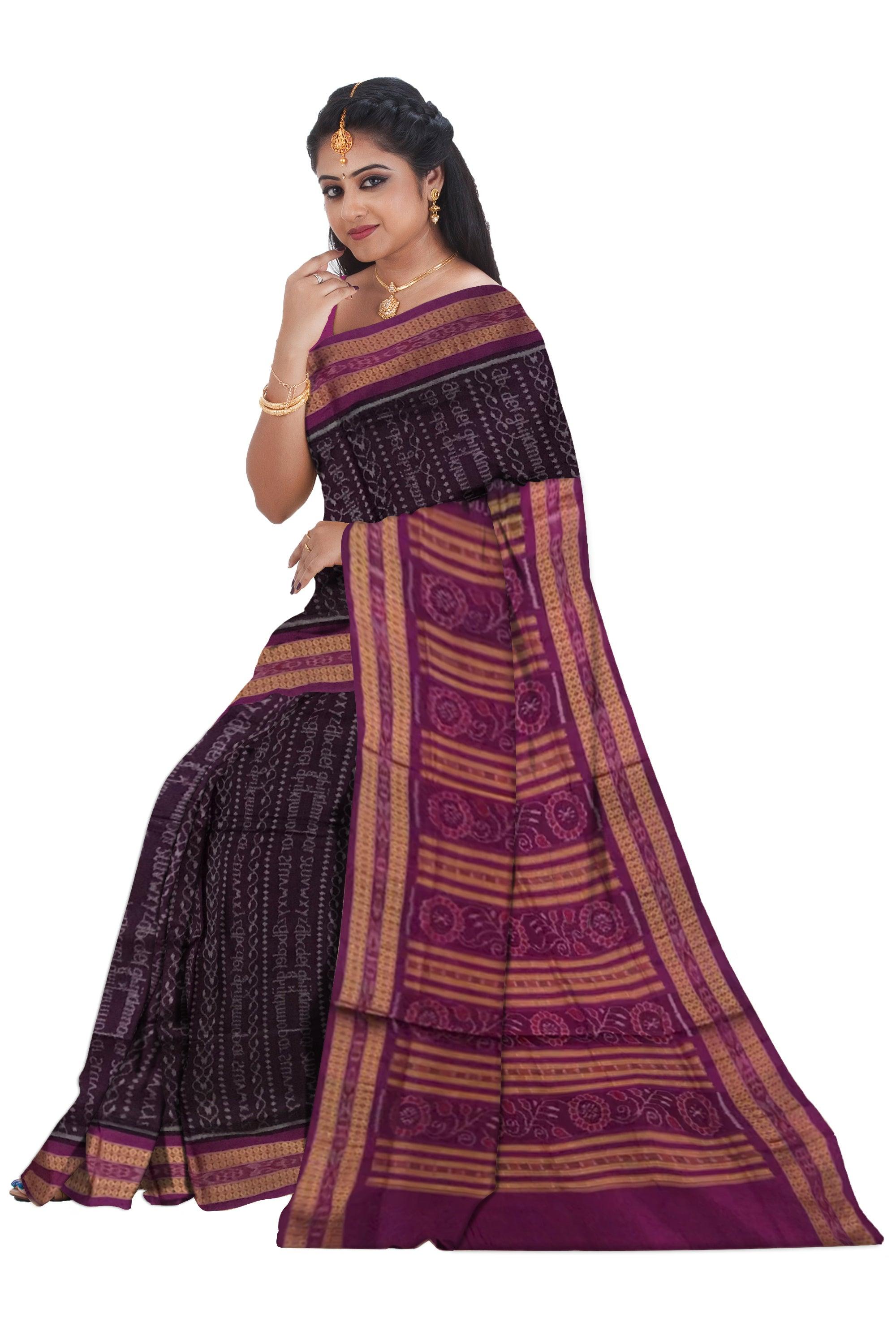 DIFFERENT LETTER PATTERN SAMBALPURI COTTON SAREE IS BLACK AND DEEPPINK COLOR BASE, COMES WITH MATCHING BLOUSE PIECE. - Koshali Arts & Crafts Enterprise