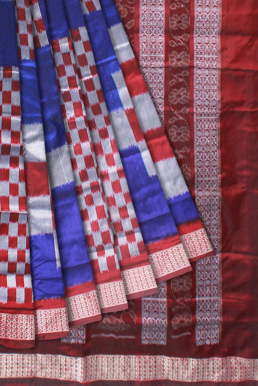 FULL BODY BIG PASAPALI PATTERN PATA SAREE IS PURPLE,SILVER AND MAROON COLOR BASE. ATTACHED WITH BLOUSE PIECE. - Koshali Arts & Crafts Enterprise
