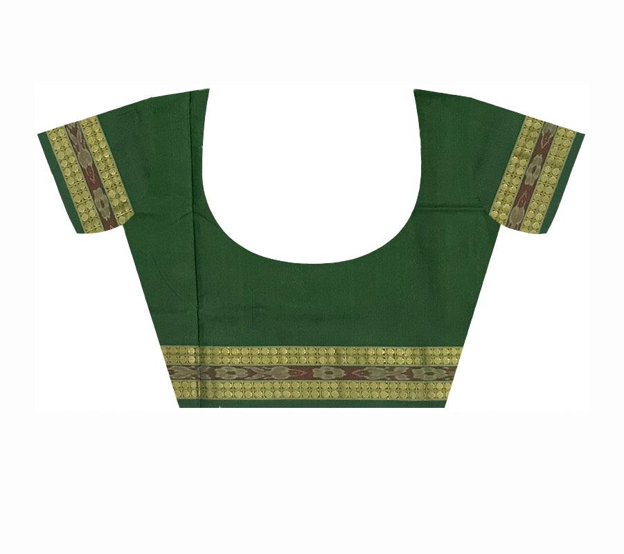 TRADITIONAL VILLAGE WITH NARTAKI AND MUSICALINSTRUMENT PATTERN SAMBALPURI COTTON SAREE IS BLACK AND GREEN COLOR BASE, WITH MATCHING BLOUSE PIECE. - Koshali Arts & Crafts Enterprise