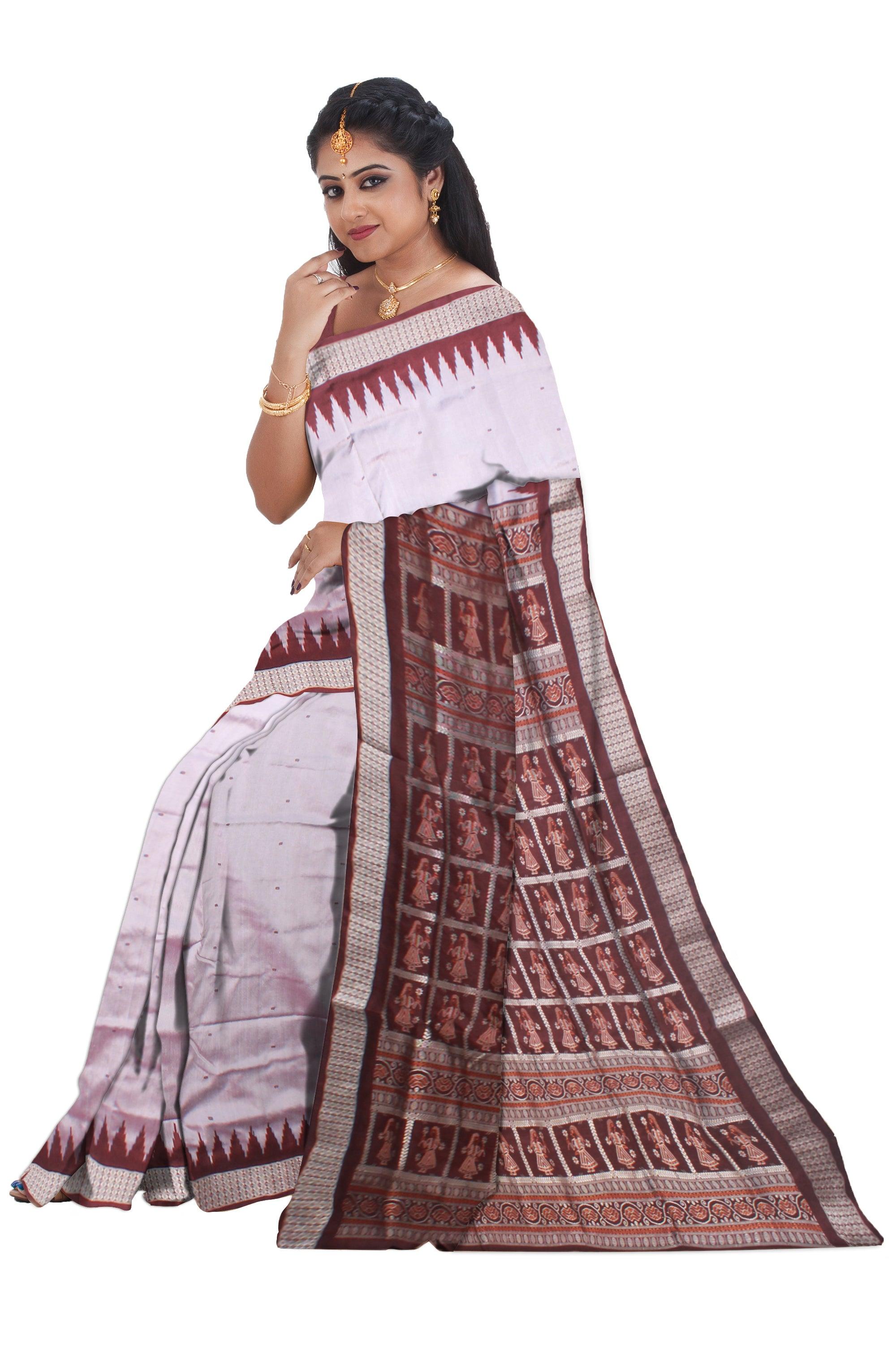 SMALL BOOTY PATTERN PATA SAREE IS SILVER AND COFFEE COLOR BASE, ATTACHED WITH BLOUSE PIECE. - Koshali Arts & Crafts Enterprise