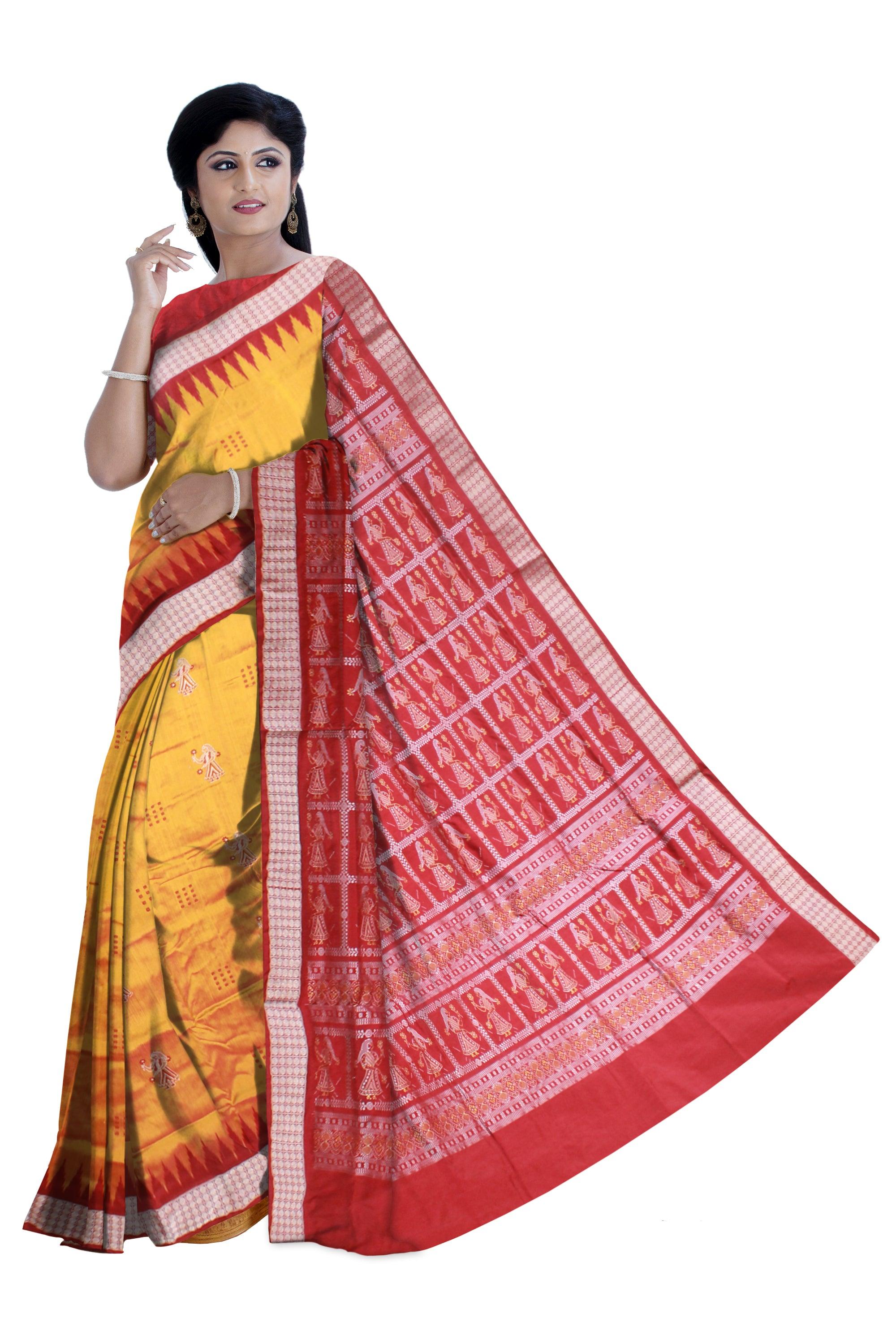FULL BODY AND PALLU DOLL PRINT PATA SAREE IS YELLOW AND RED COLOR BASE, COMES WITH BLOUSE PIECE. - Koshali Arts & Crafts Enterprise