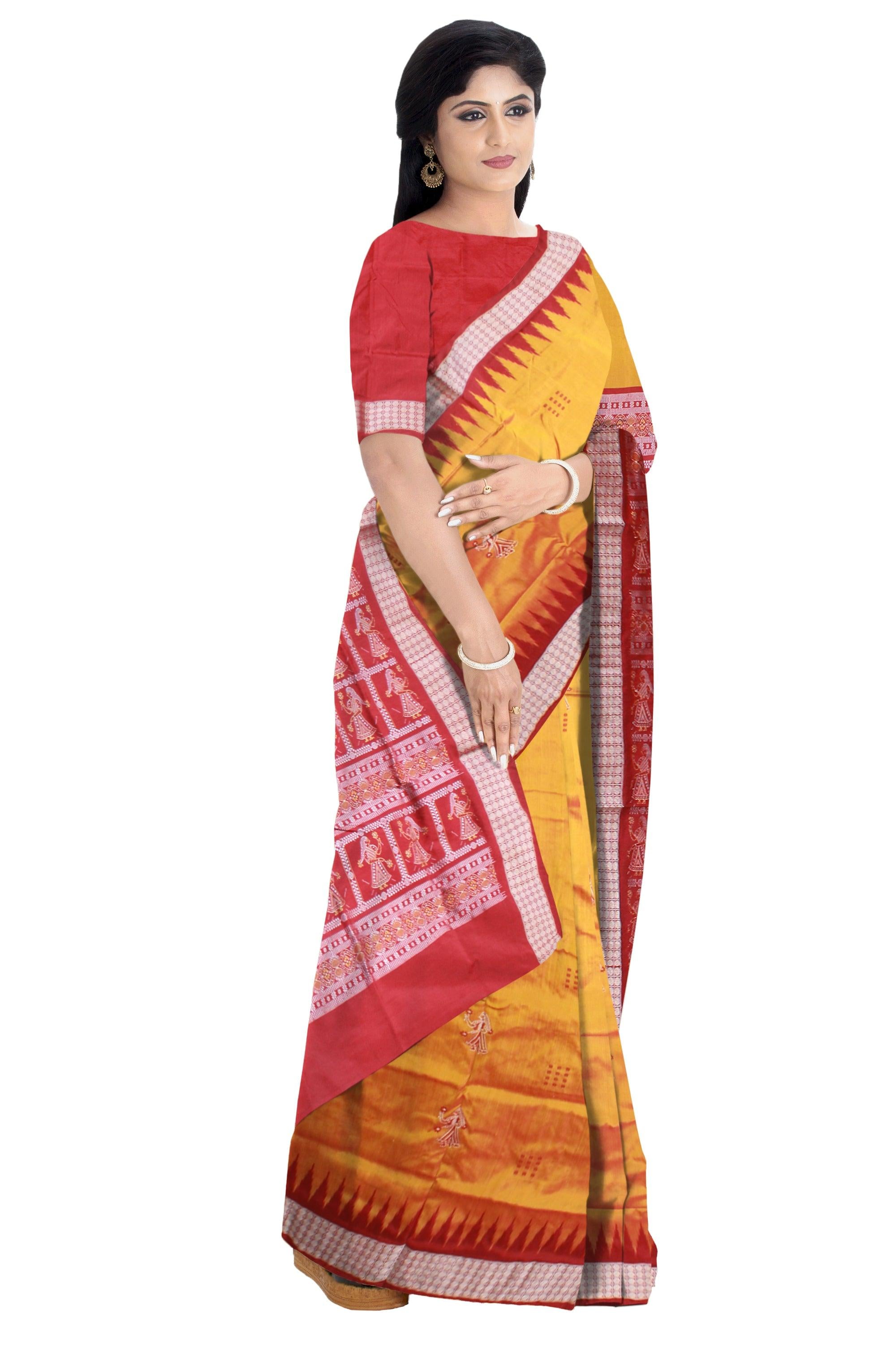 FULL BODY AND PALLU DOLL PRINT PATA SAREE IS YELLOW AND RED COLOR BASE, COMES WITH BLOUSE PIECE. - Koshali Arts & Crafts Enterprise