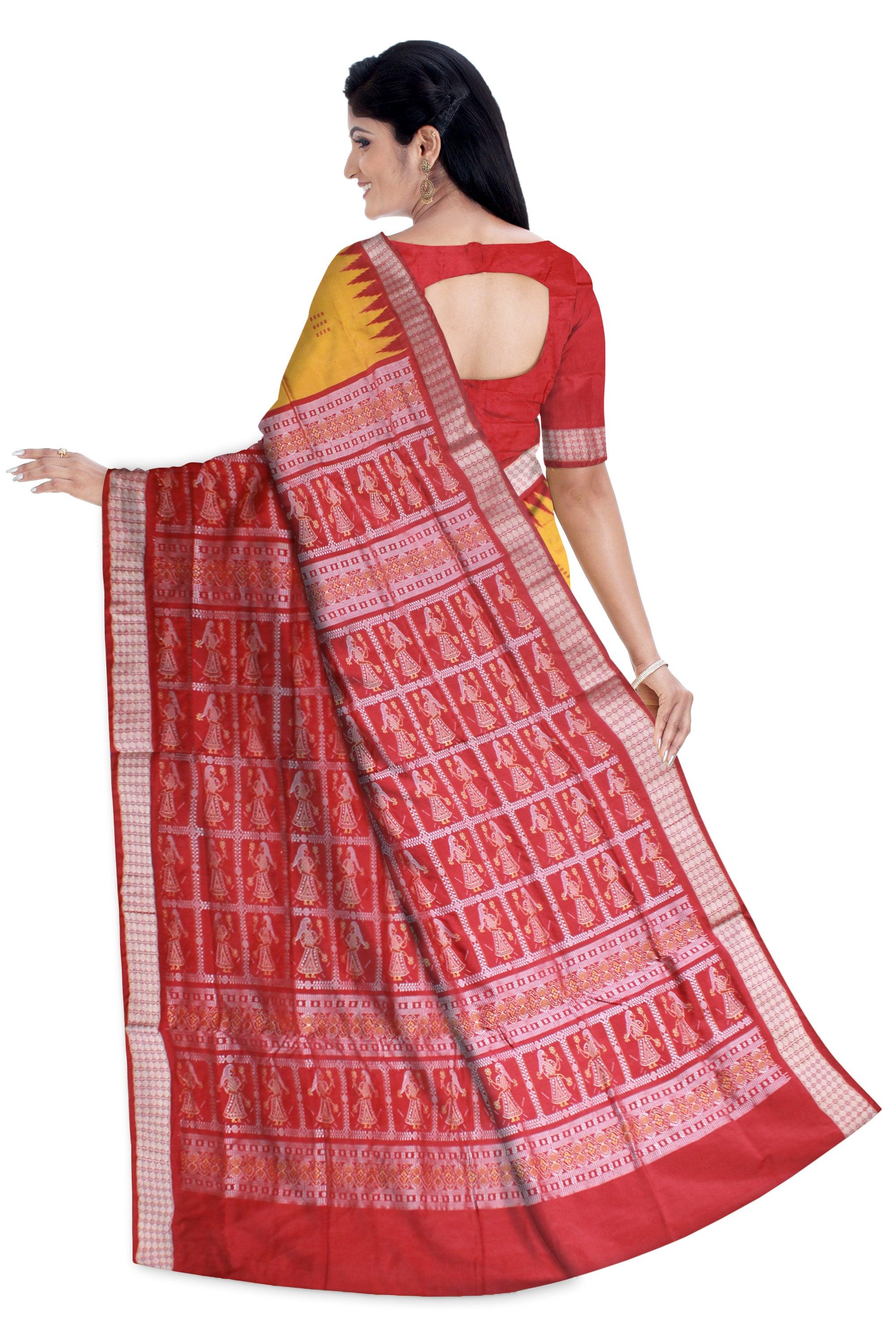 FULL BODY AND PALLU DOLL PRINT PATA SAREE IS YELLOW AND RED COLOR BASE, COMES WITH BLOUSE PIECE. - Koshali Arts & Crafts Enterprise