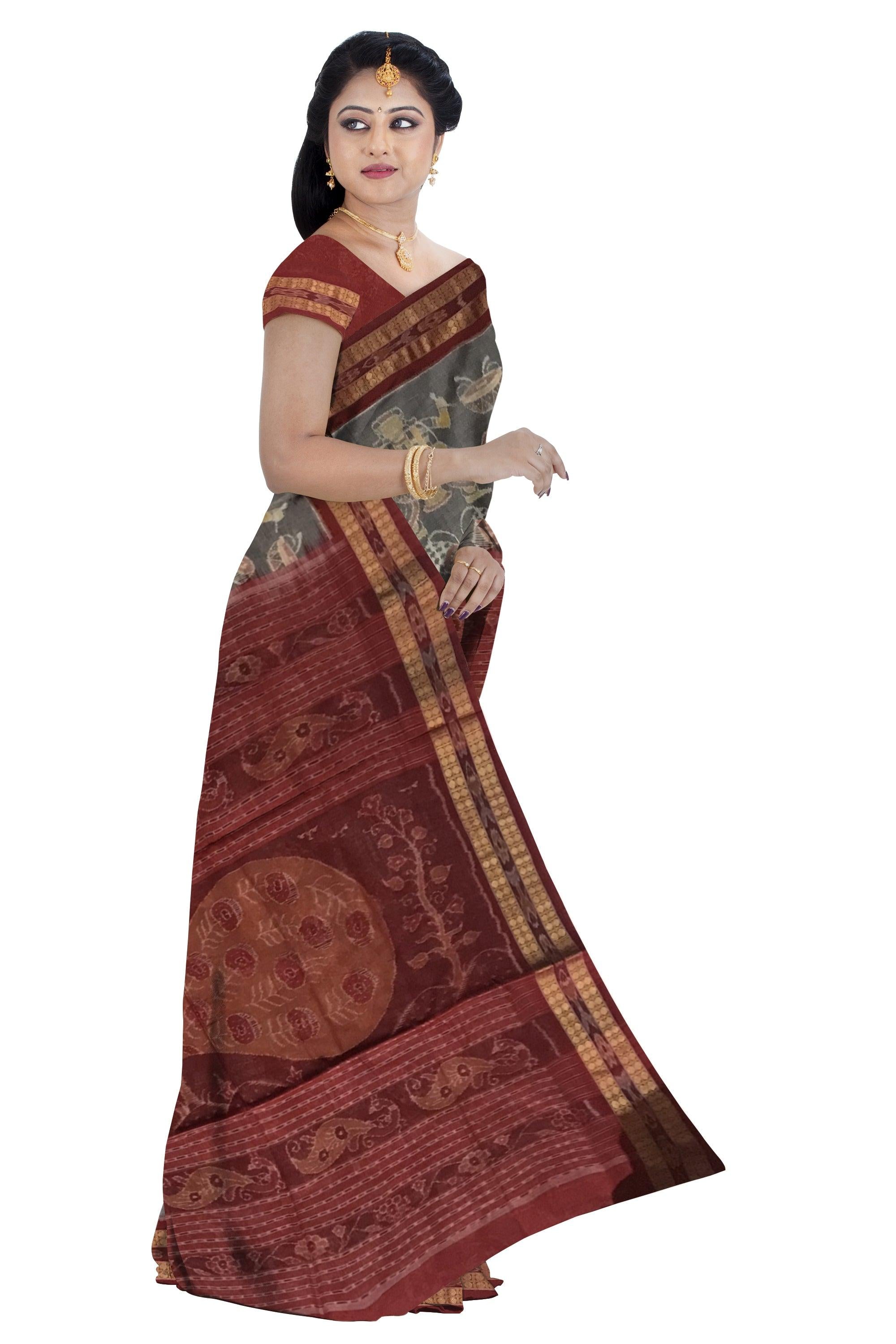 TRADITIONAL MUSICAL INSTRUMENT PATTERN SAMBALPURI COTTON SAREE IS PEACHPUFF AND MAROON COLOR BASE, COMES WITH BLOUS EPIECE. - Koshali Arts & Crafts Enterprise