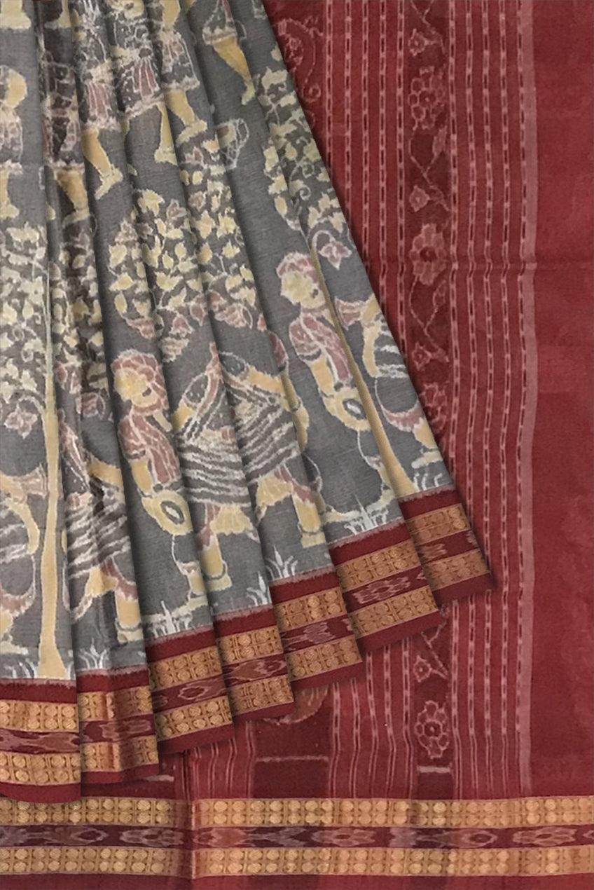 TRADITIONAL MUSICAL INSTRUMENT PATTERN SAMBALPURI COTTON SAREE IS PEACHPUFF AND MAROON COLOR BASE, COMES WITH BLOUS EPIECE. - Koshali Arts & Crafts Enterprise