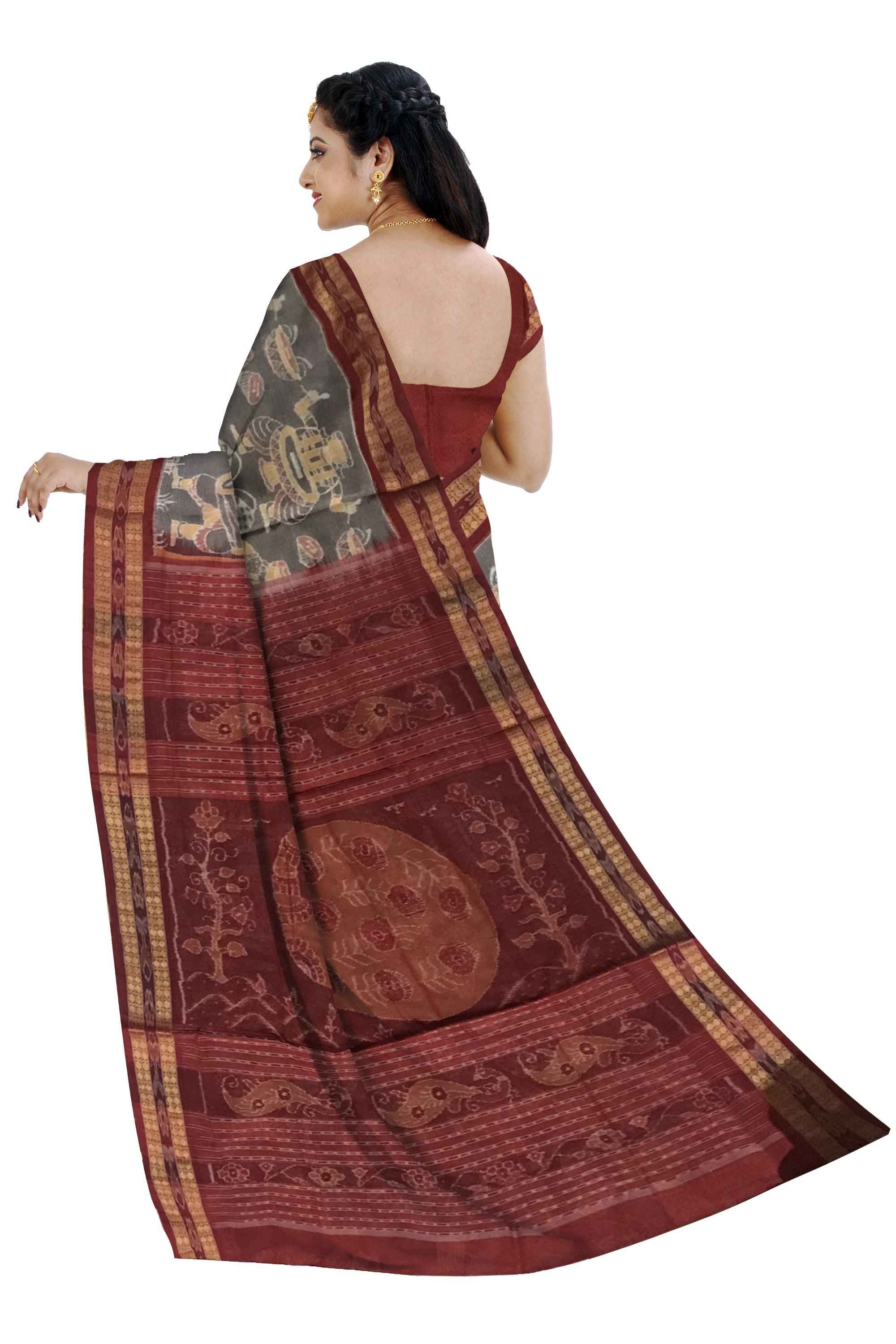 TRADITIONAL MUSICAL INSTRUMENT PATTERN SAMBALPURI COTTON SAREE IS PEACHPUFF AND MAROON COLOR BASE, COMES WITH BLOUS EPIECE. - Koshali Arts & Crafts Enterprise