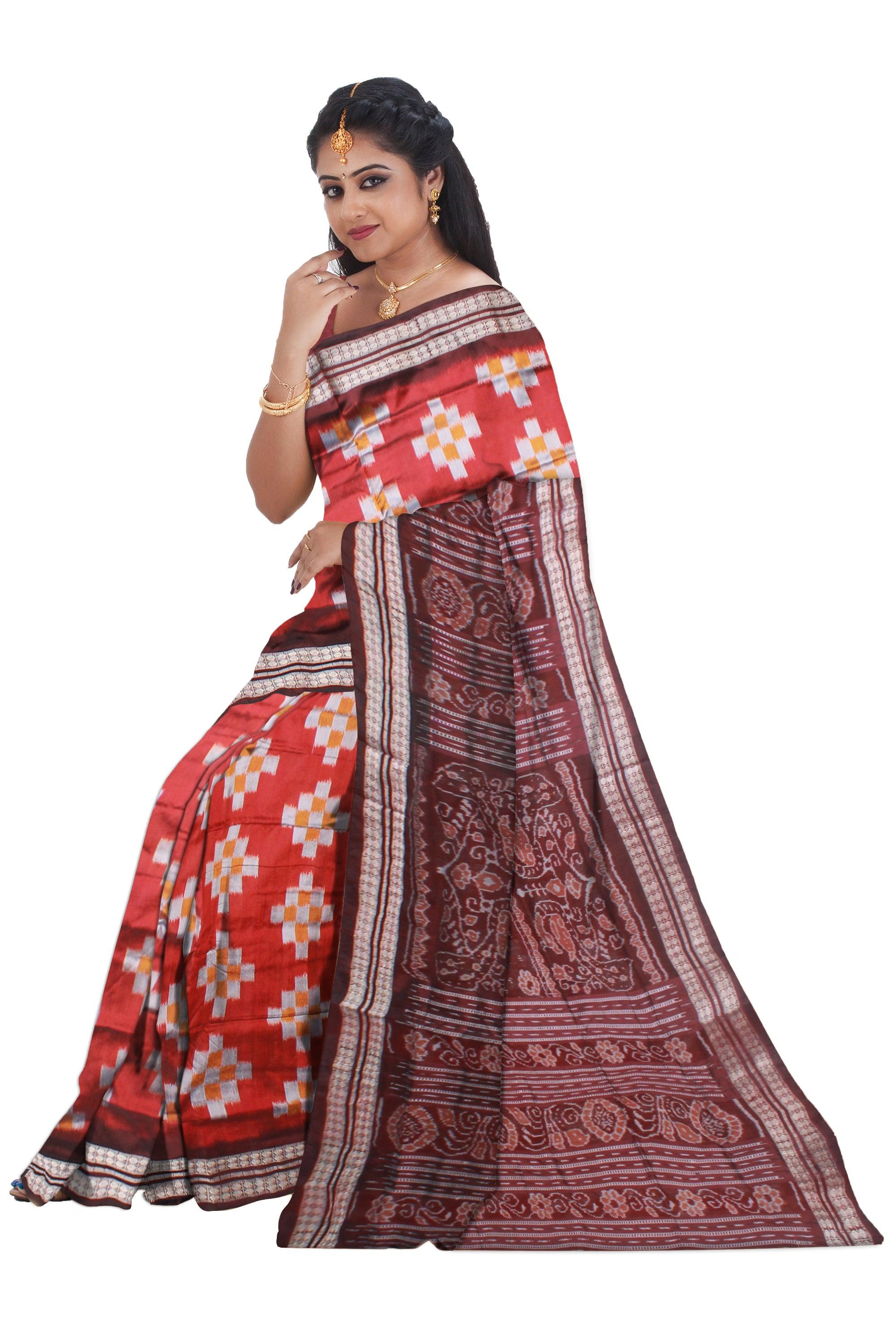 DEEP-ORANGE AND COFFEE COLOR SAPTA PATA SAREE, WITH BLOUSE PIECE. - Koshali Arts & Crafts Enterprise