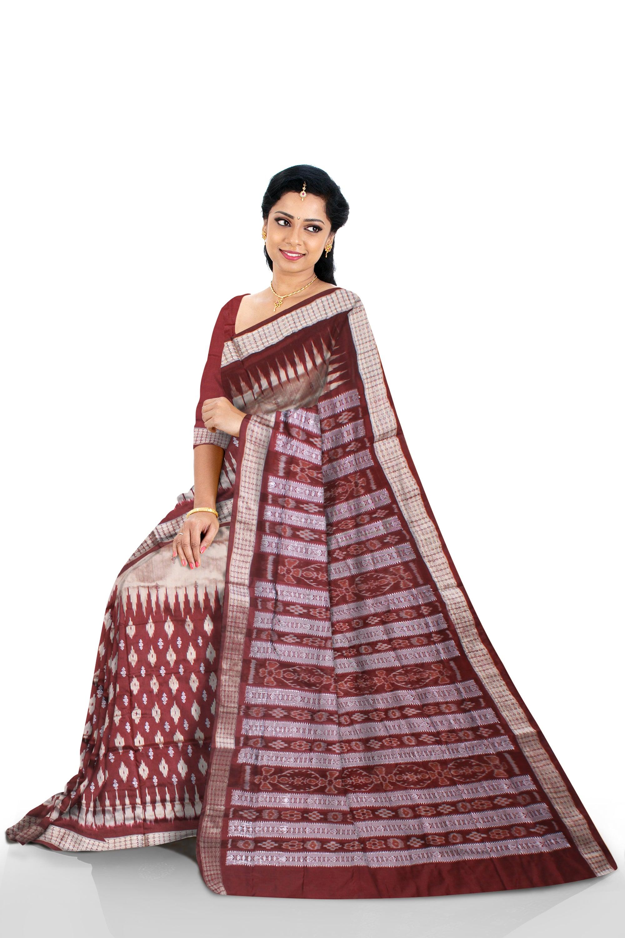 GOLDEN SILVER AND COFFEE COLOR IKAT PATTERN PATA SAREE, AVAILABLE WITH MATCHING BLOUSE PIECE. - Koshali Arts & Crafts Enterprise
