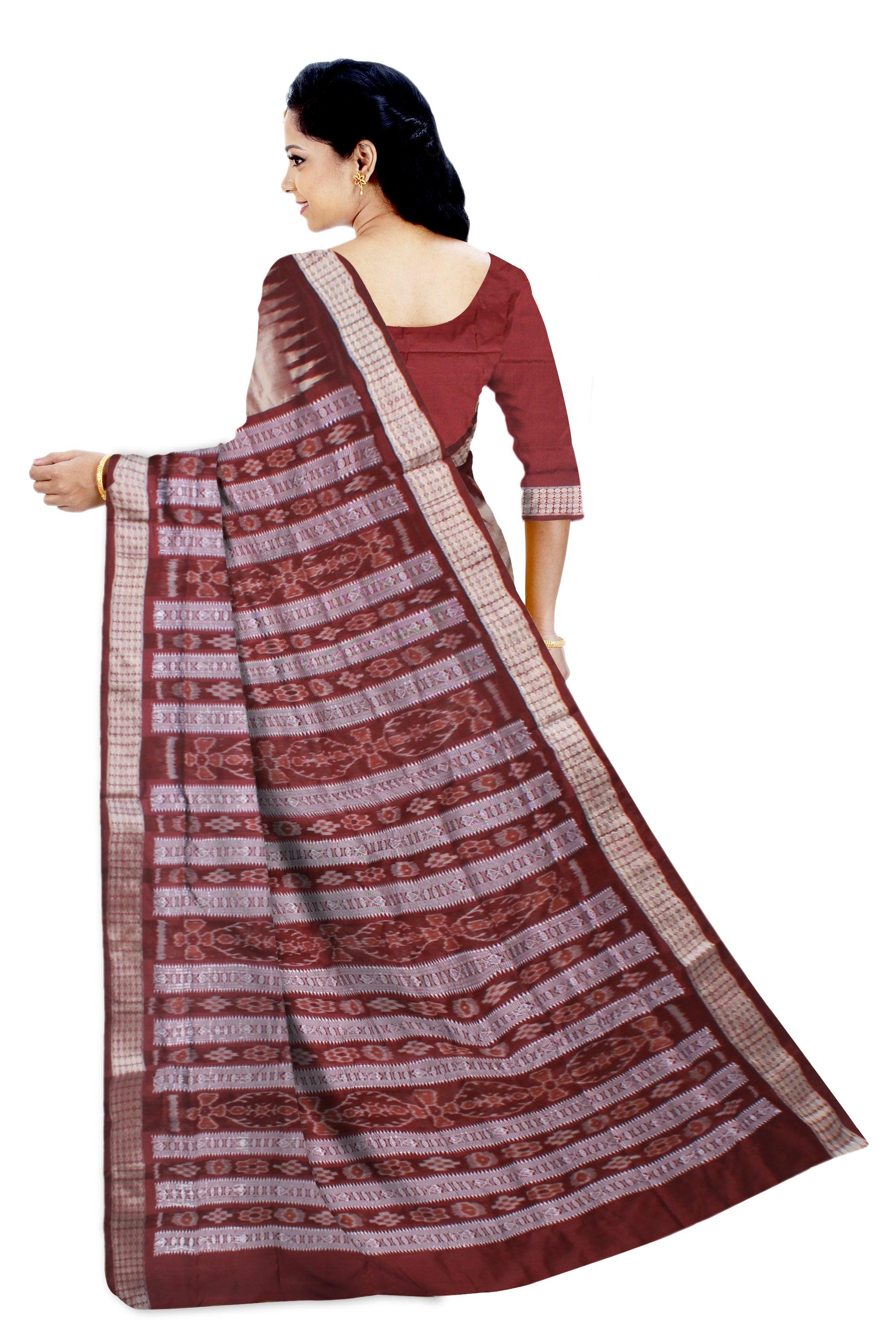 GOLDEN SILVER AND COFFEE COLOR IKAT PATTERN PATA SAREE, AVAILABLE WITH MATCHING BLOUSE PIECE. - Koshali Arts & Crafts Enterprise