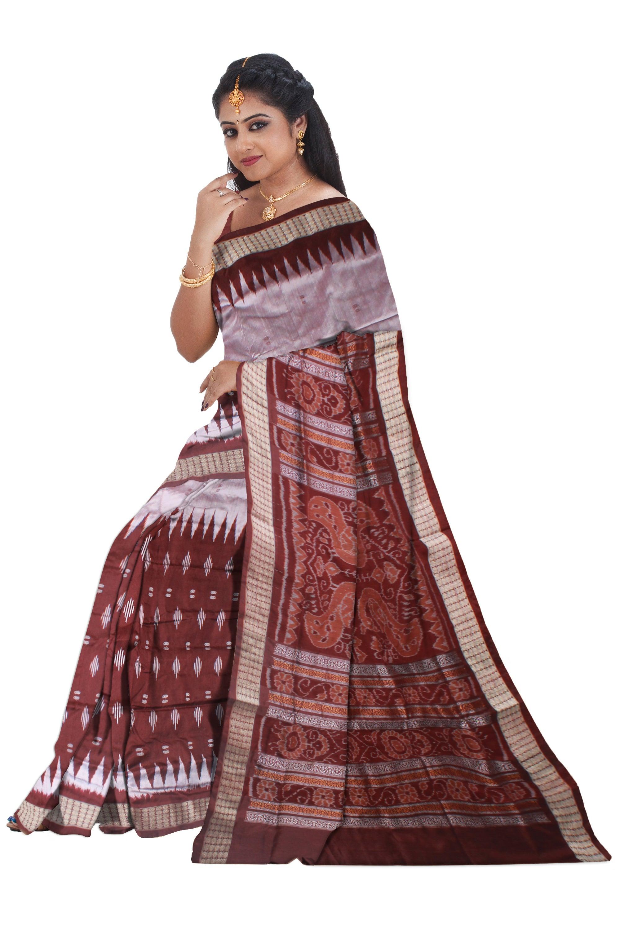 BEAUTIFUL IKAT DESIGN SAMBALPURI PATA SAREE IS SILVERR AND COFFEE COLOR BASE, COMES WITH BLOUSE PIECE. - Koshali Arts & Crafts Enterprise