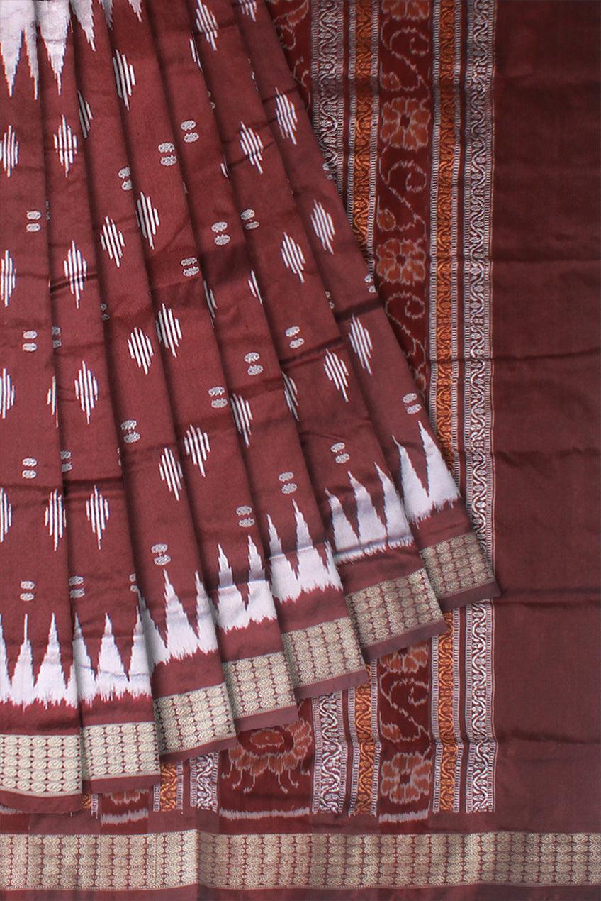 BEAUTIFUL IKAT DESIGN SAMBALPURI PATA SAREE IS SILVERR AND COFFEE COLOR BASE, COMES WITH BLOUSE PIECE. - Koshali Arts & Crafts Enterprise