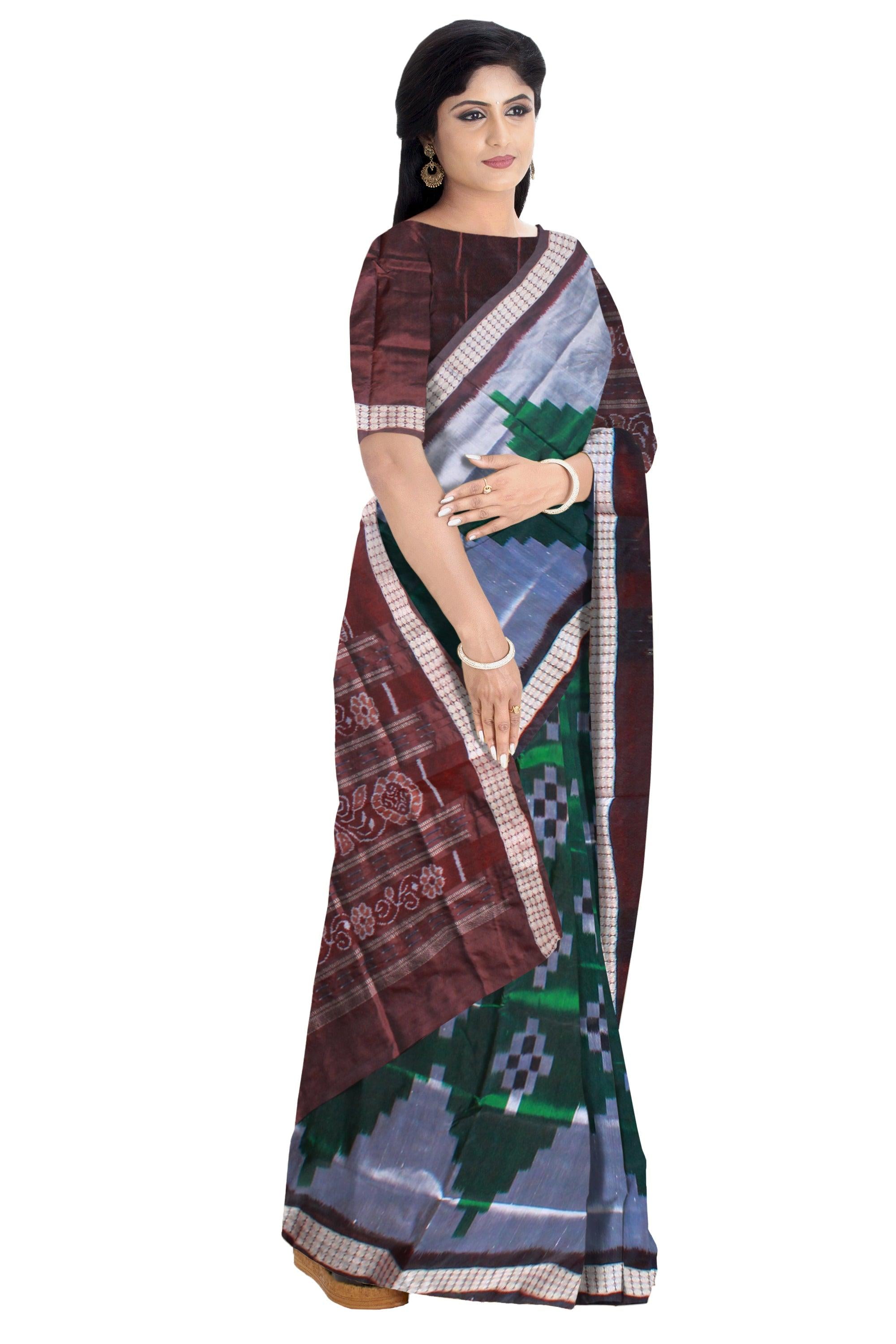 GREEN WITH SILVER COLOR BASE SAPTA PATA  SAREE, COMES WITH MATCHING BLOUSE PIECE. - Koshali Arts & Crafts Enterprise
