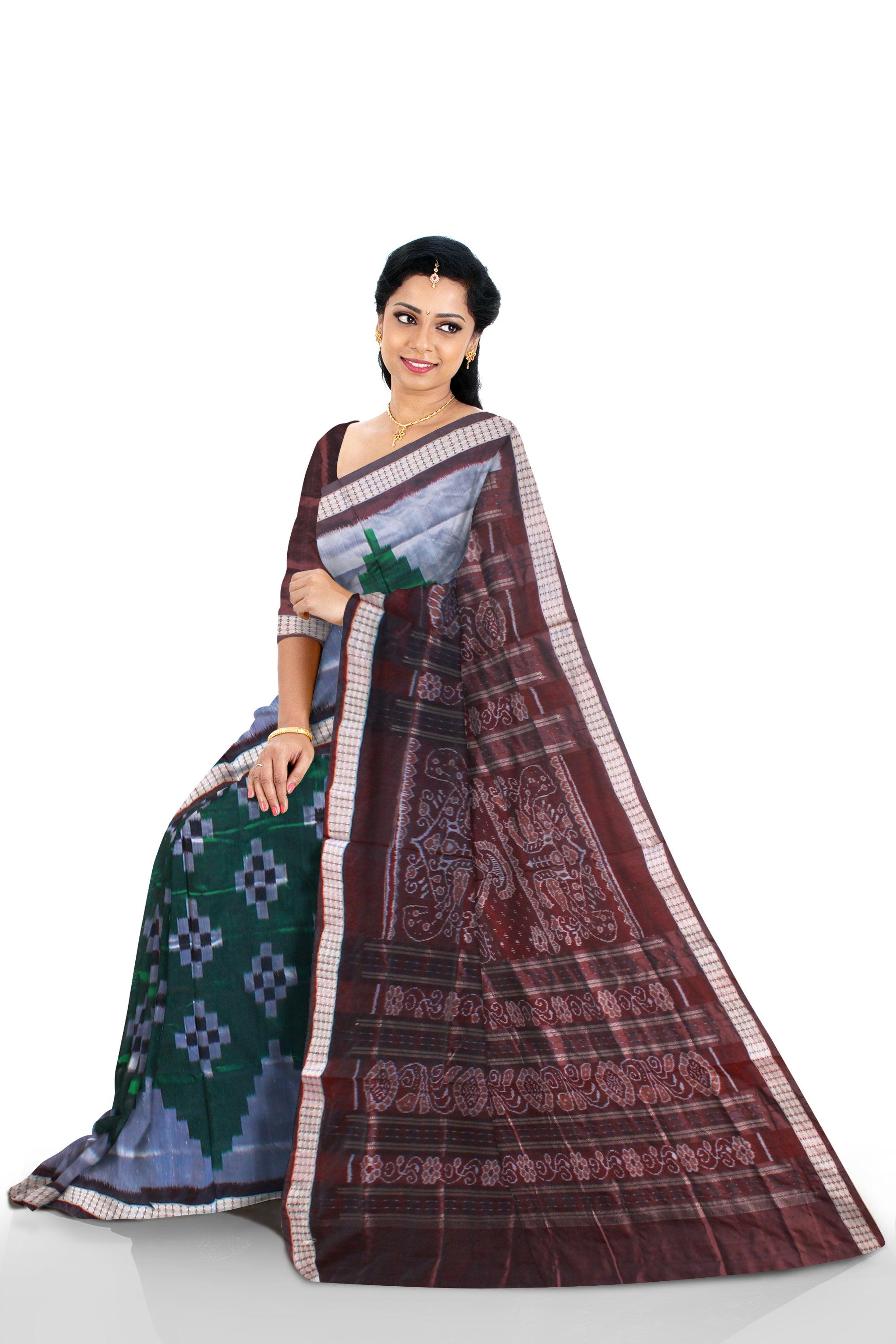 GREEN WITH SILVER COLOR BASE SAPTA PATA  SAREE, COMES WITH MATCHING BLOUSE PIECE. - Koshali Arts & Crafts Enterprise