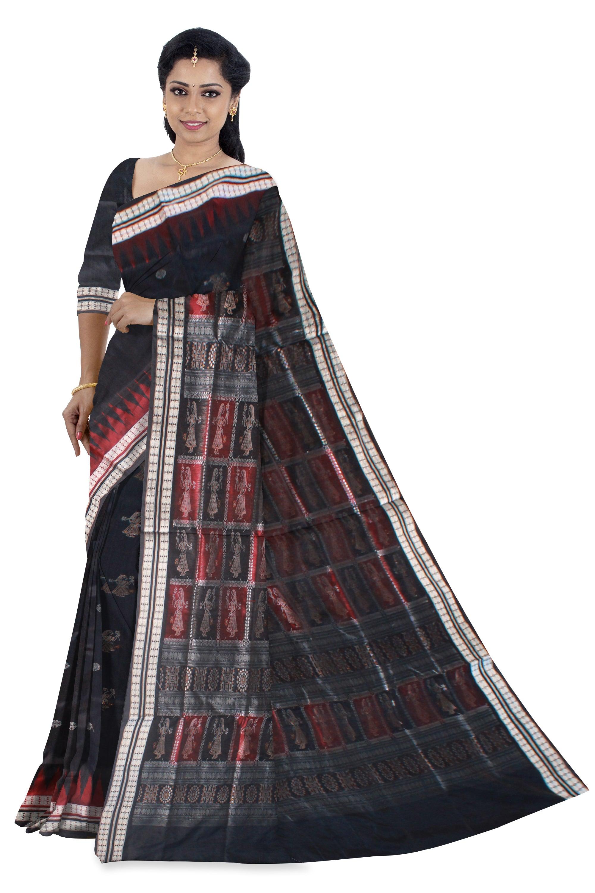 BLACK AND MAROON COLOR DOLL PRINT PATA SAREE , ATTACHED WITH MATCHING BLOUSE PIECE. - Koshali Arts & Crafts Enterprise