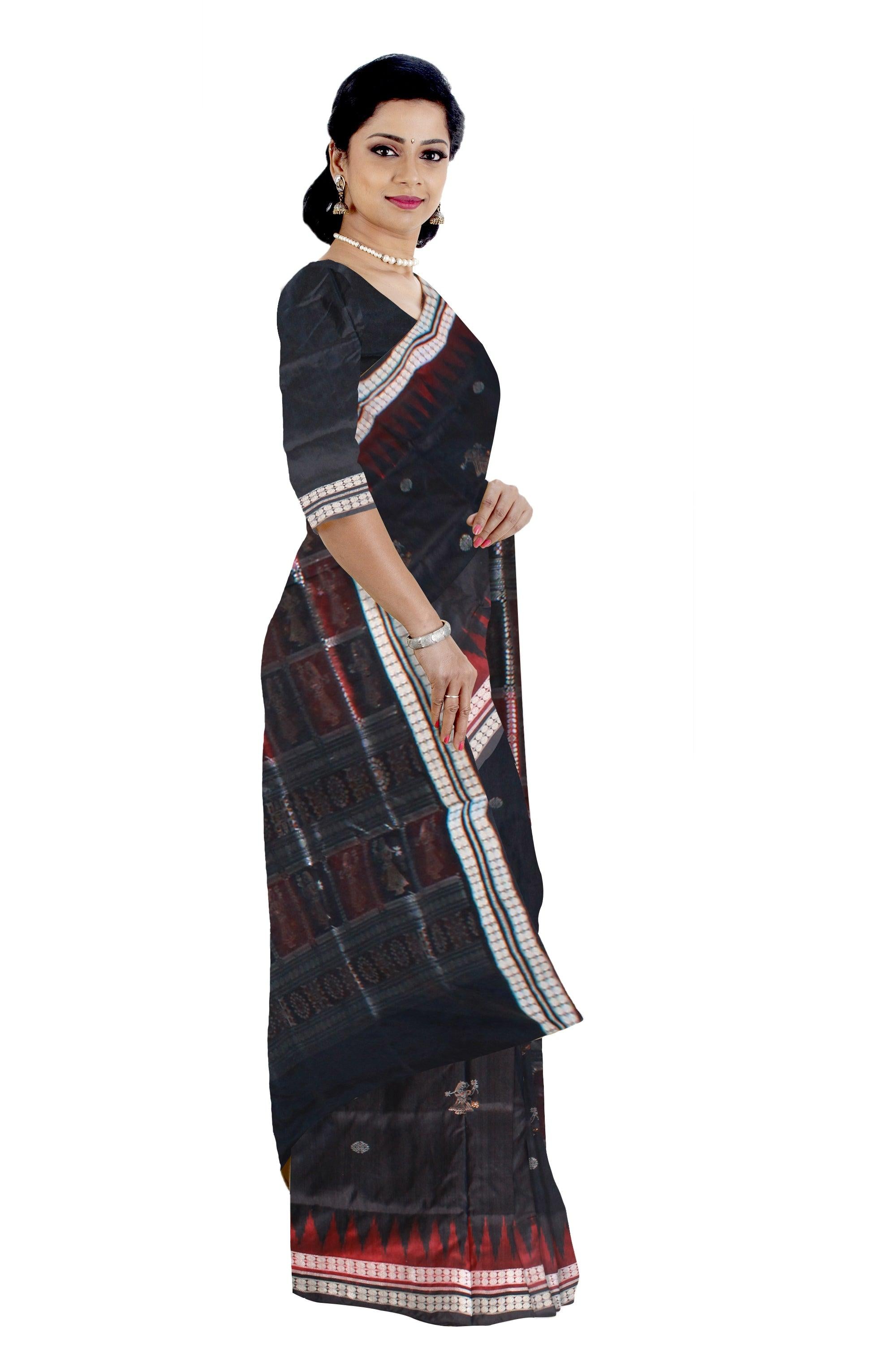 BLACK AND MAROON COLOR DOLL PRINT PATA SAREE , ATTACHED WITH MATCHING BLOUSE PIECE. - Koshali Arts & Crafts Enterprise