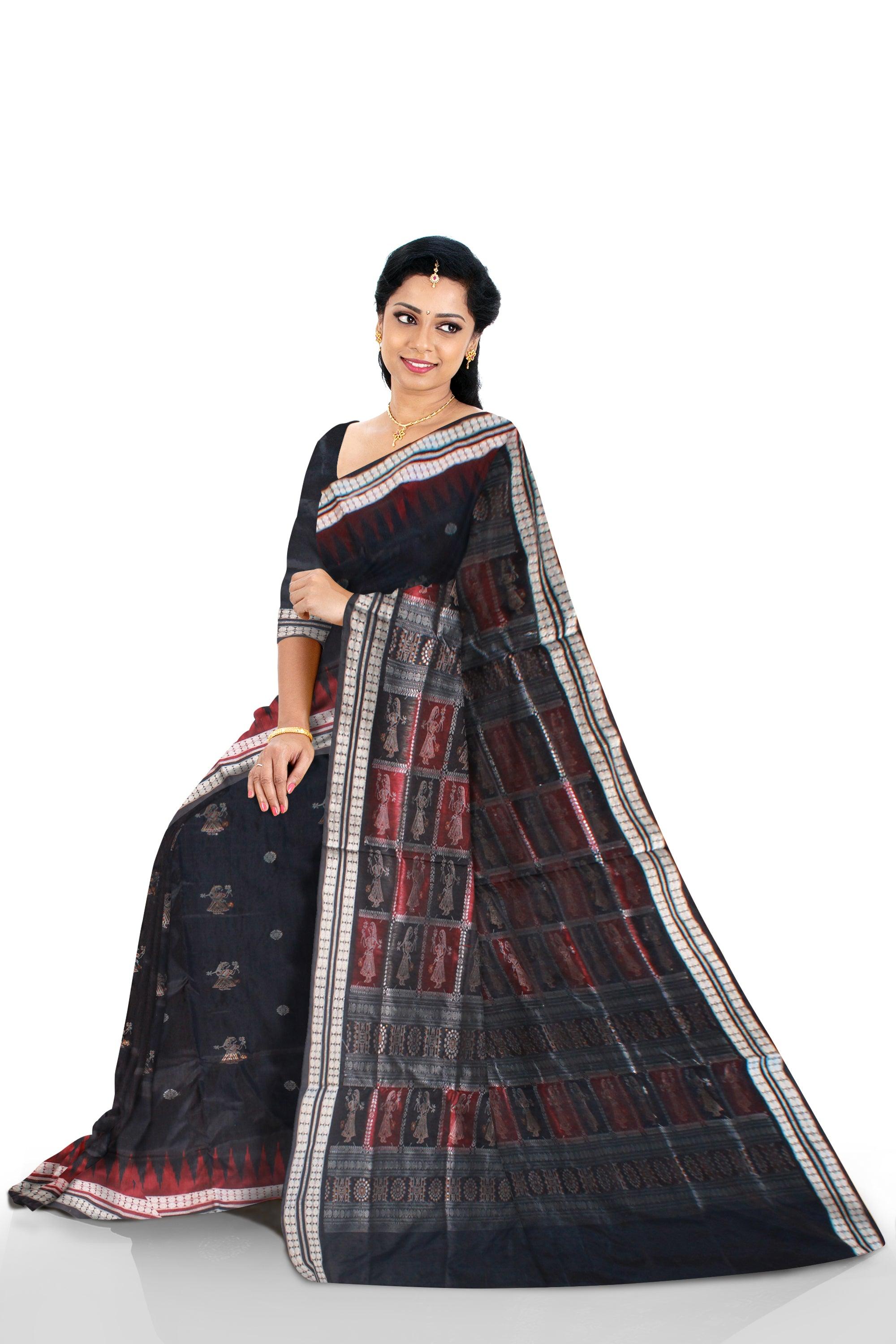 BLACK AND MAROON COLOR DOLL PRINT PATA SAREE , ATTACHED WITH MATCHING BLOUSE PIECE. - Koshali Arts & Crafts Enterprise