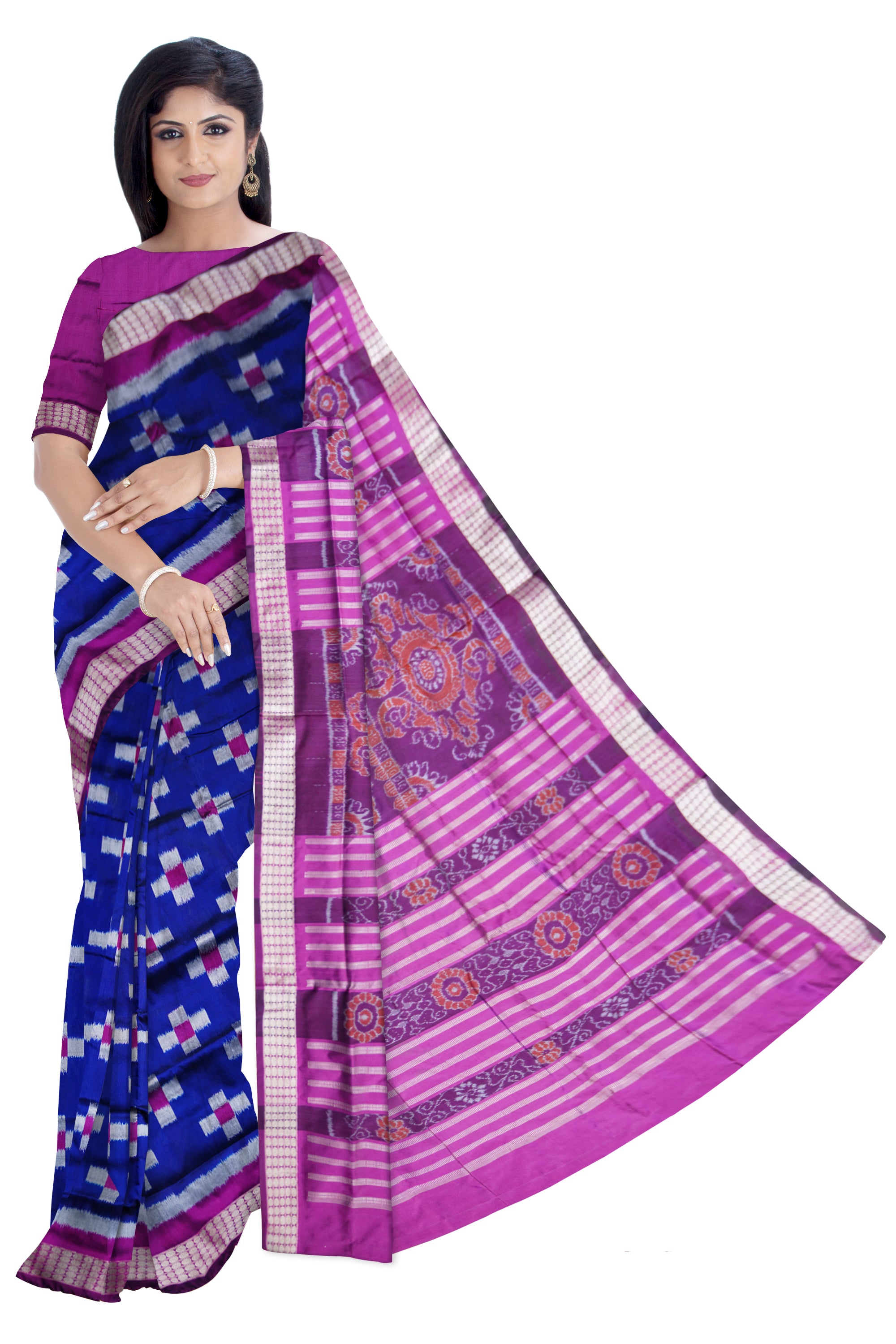 BLUE AND PINK COLOR TARA PATTERN PATA  SAREE , WITH MATCHING BLOUSE PIECE. - Koshali Arts & Crafts Enterprise